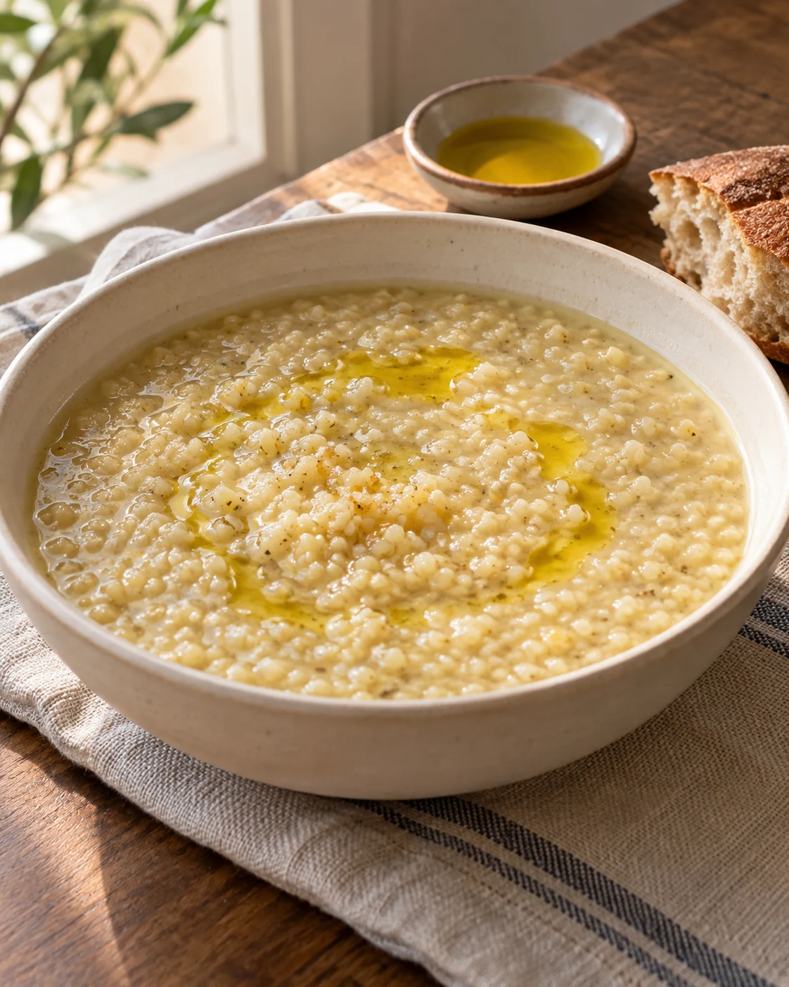 Creamy barley-grits hssoua in a pale bowl