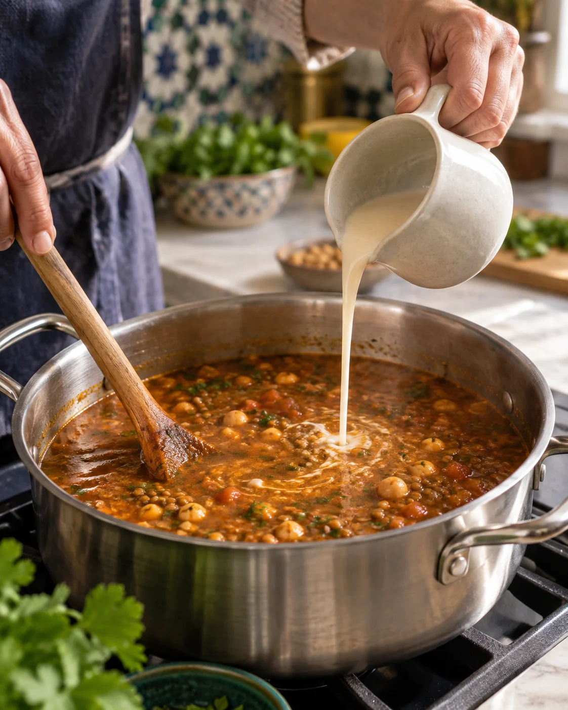 A cook stirring a flour-and-water mixture into harira