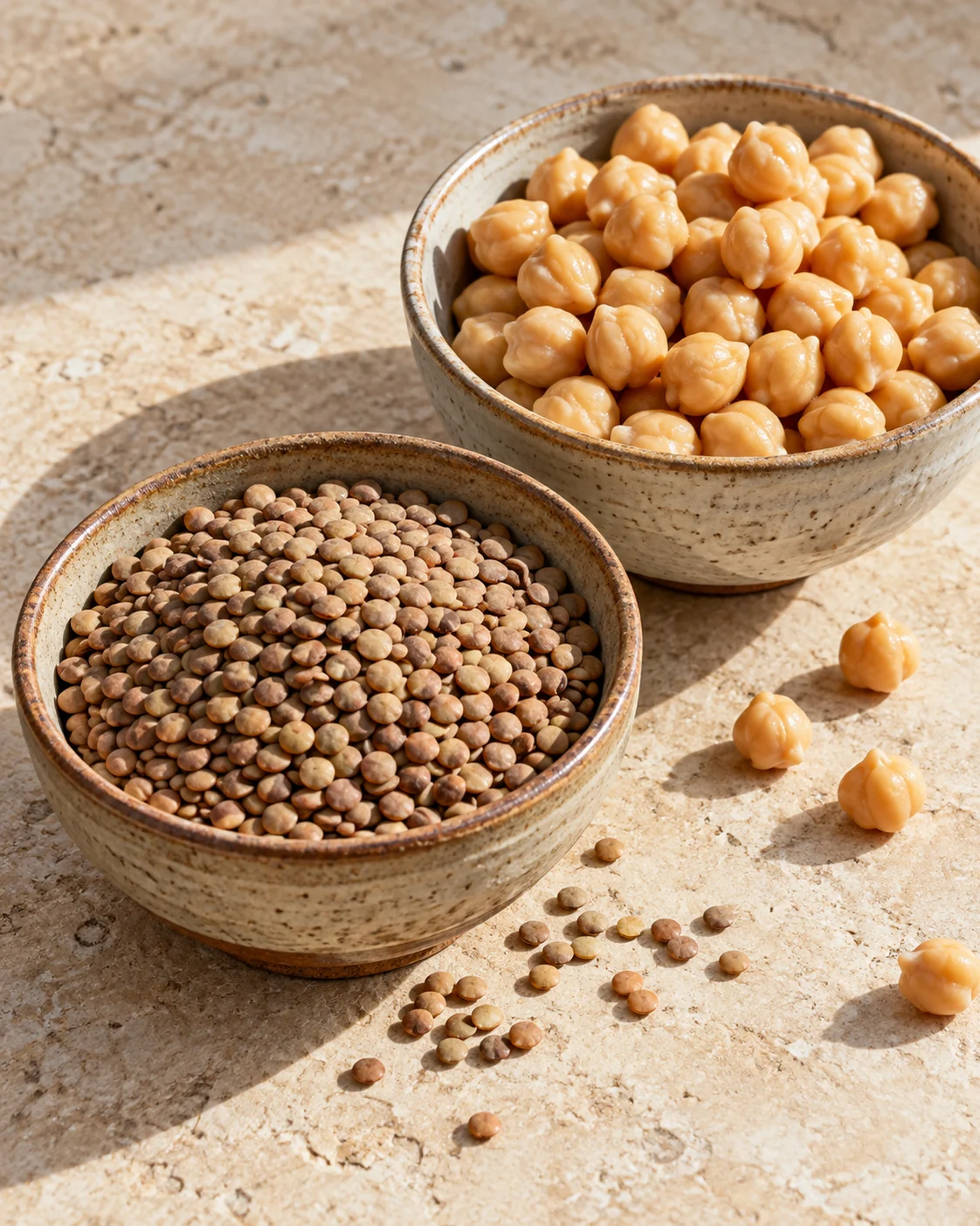 Lentils and chickpeas in separate bowls