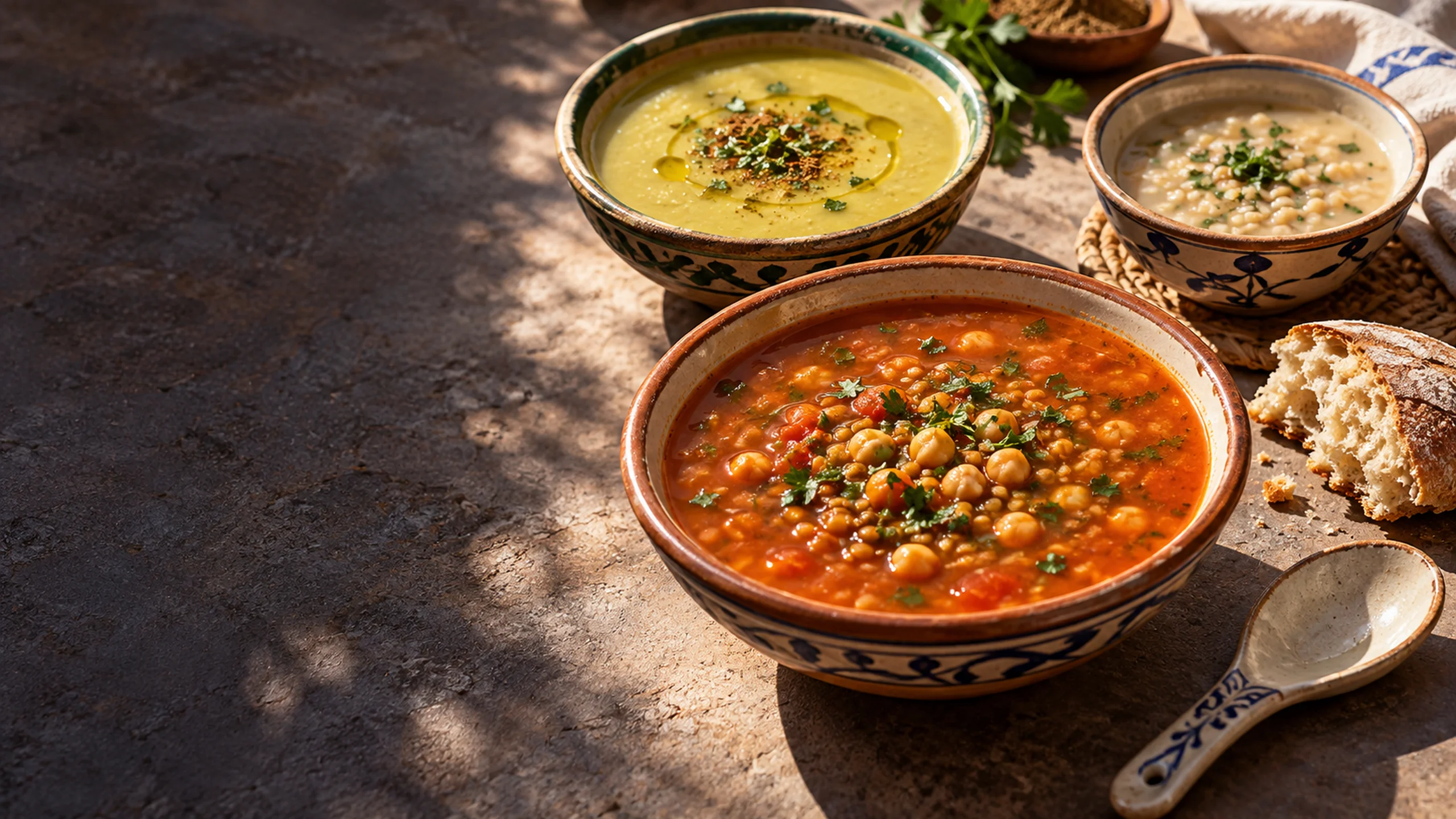 Harira, bissara and barley soup on a sunlit Moroccan table