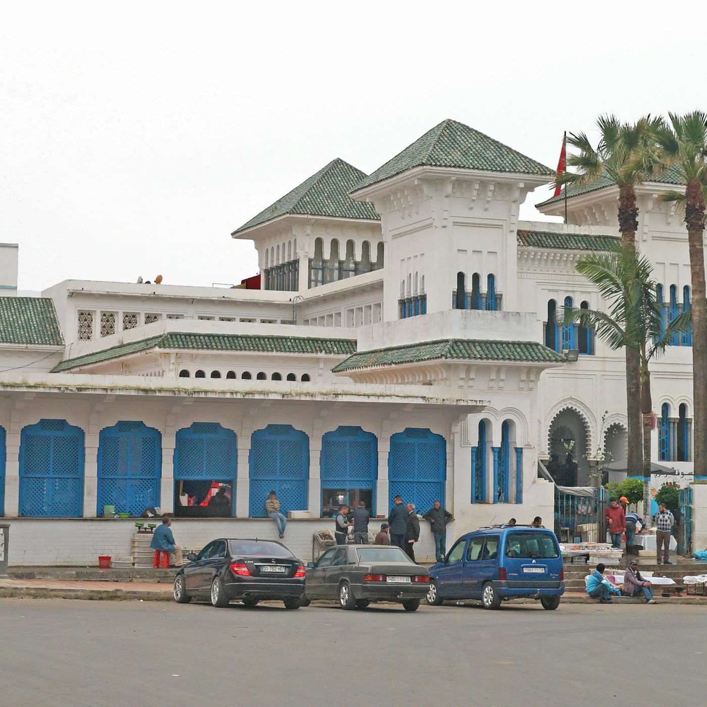 White and blue market hall façade in Larache.