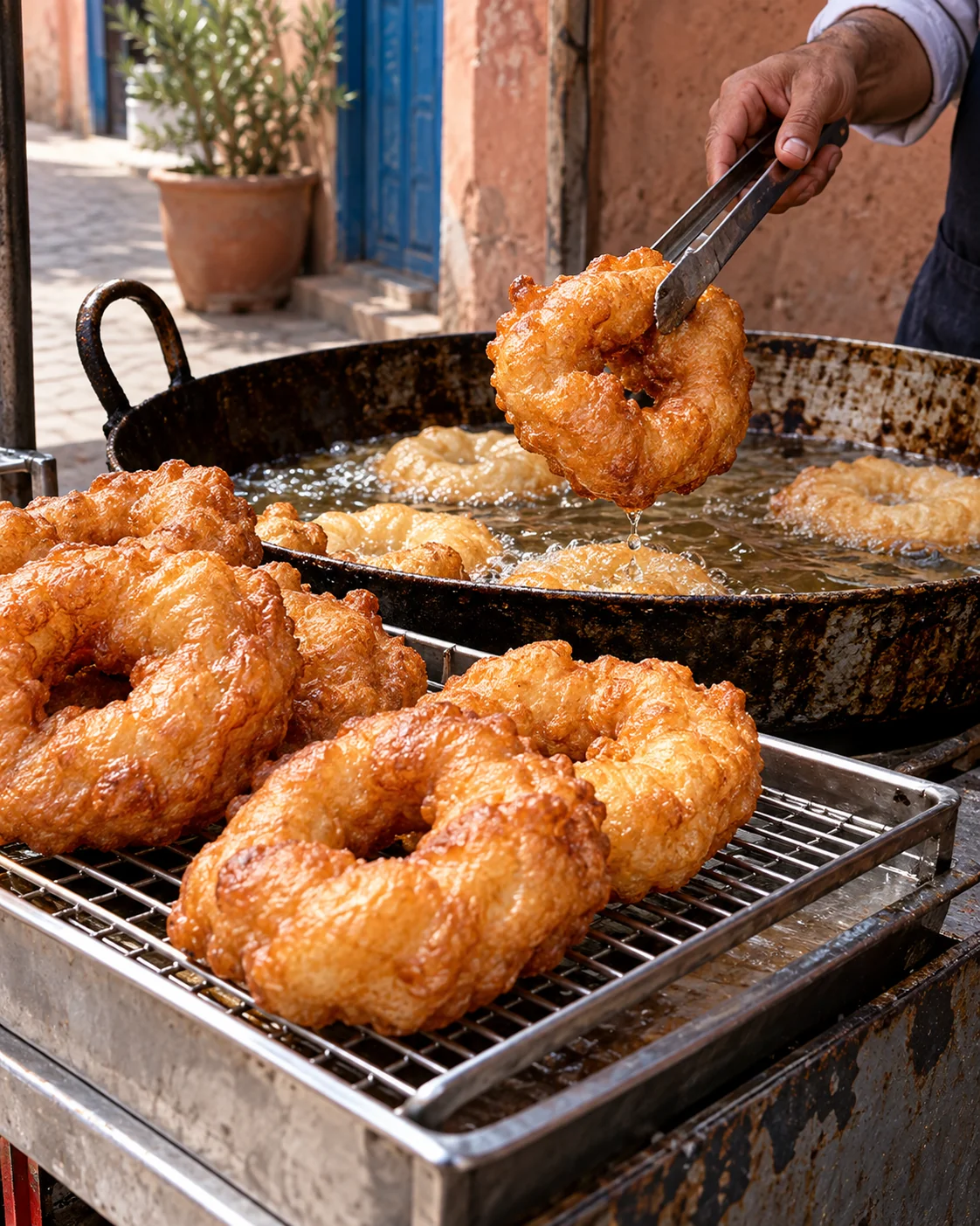 Sfenj lifted from a street-side pan