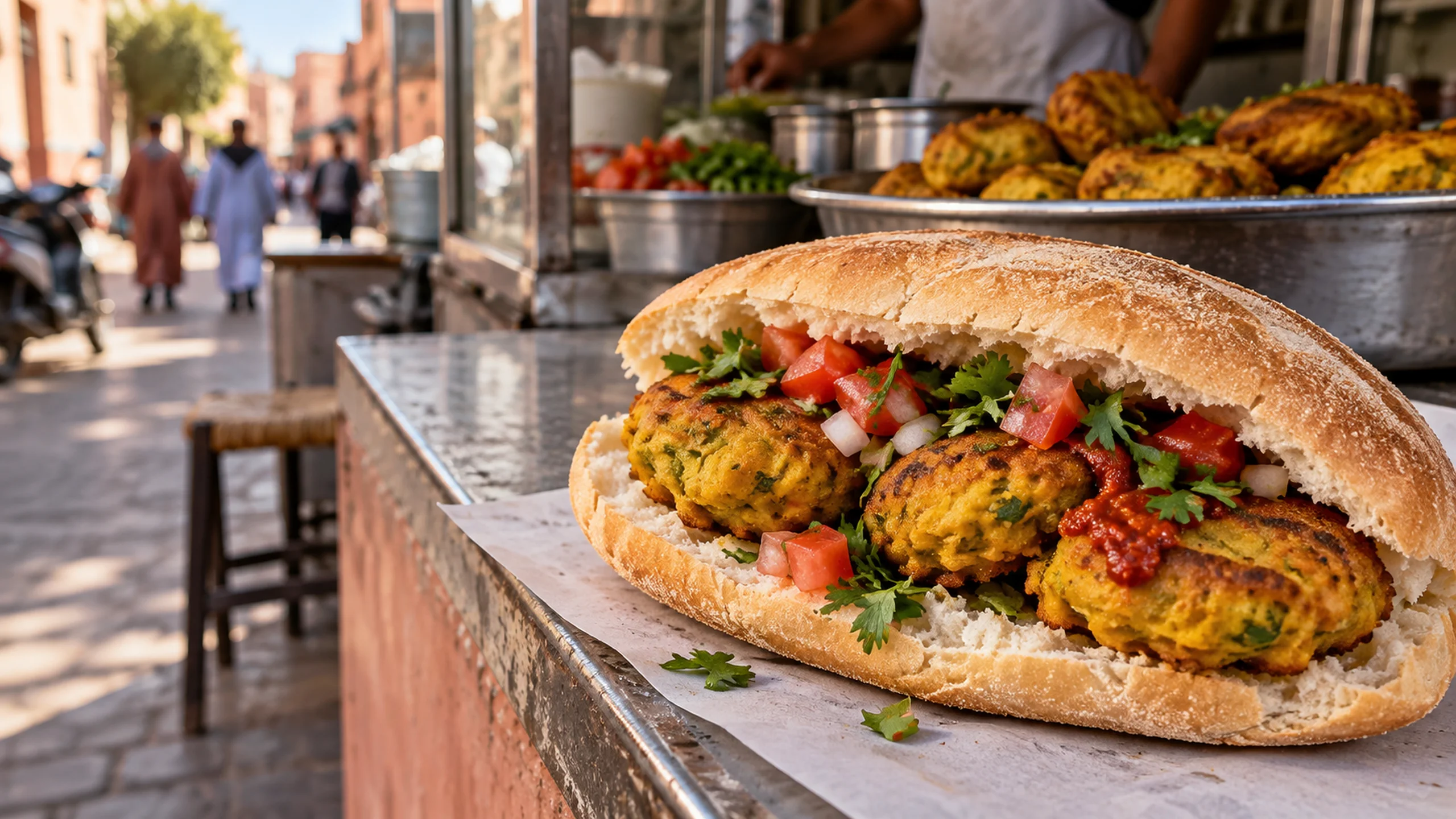 Maakouda potato fritters in bread at a neighborhood Moroccan snack counter