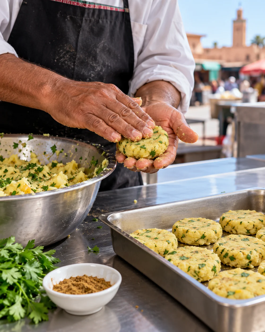Potato fritters shaped before frying