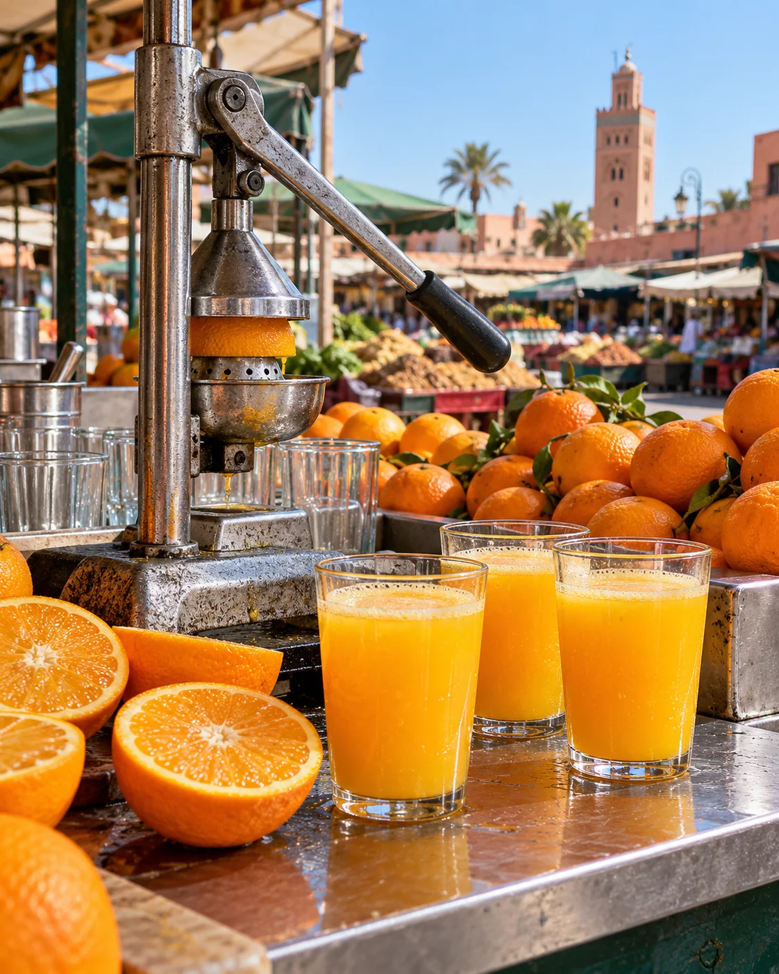 Orange juice at a market counter
