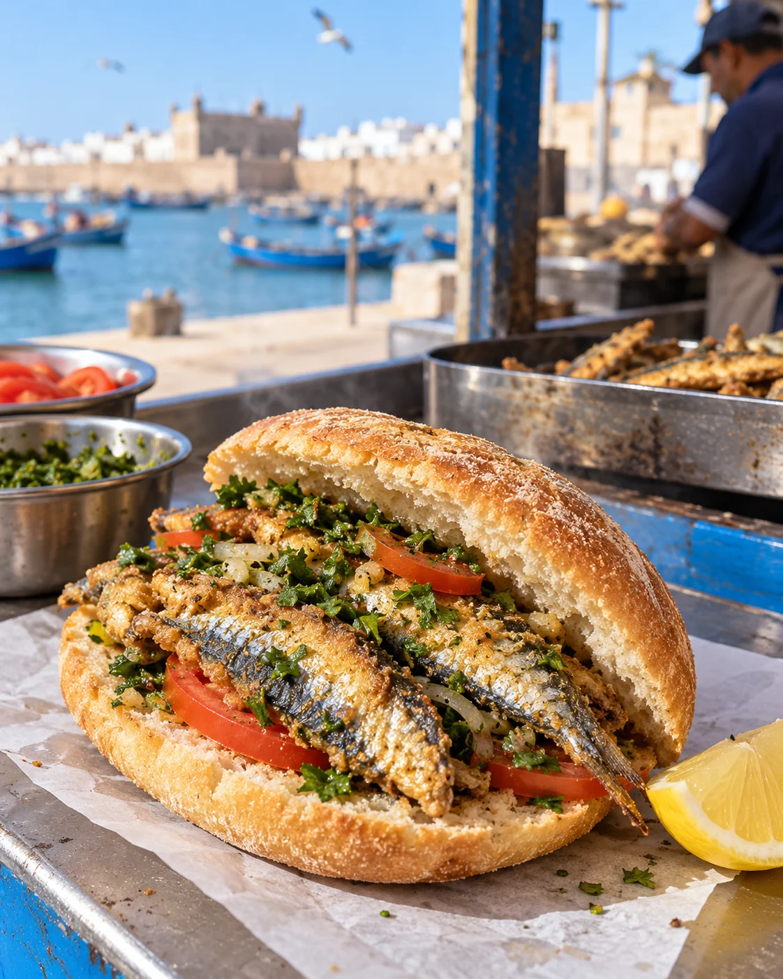 Fried sardine sandwich at a coastal counter