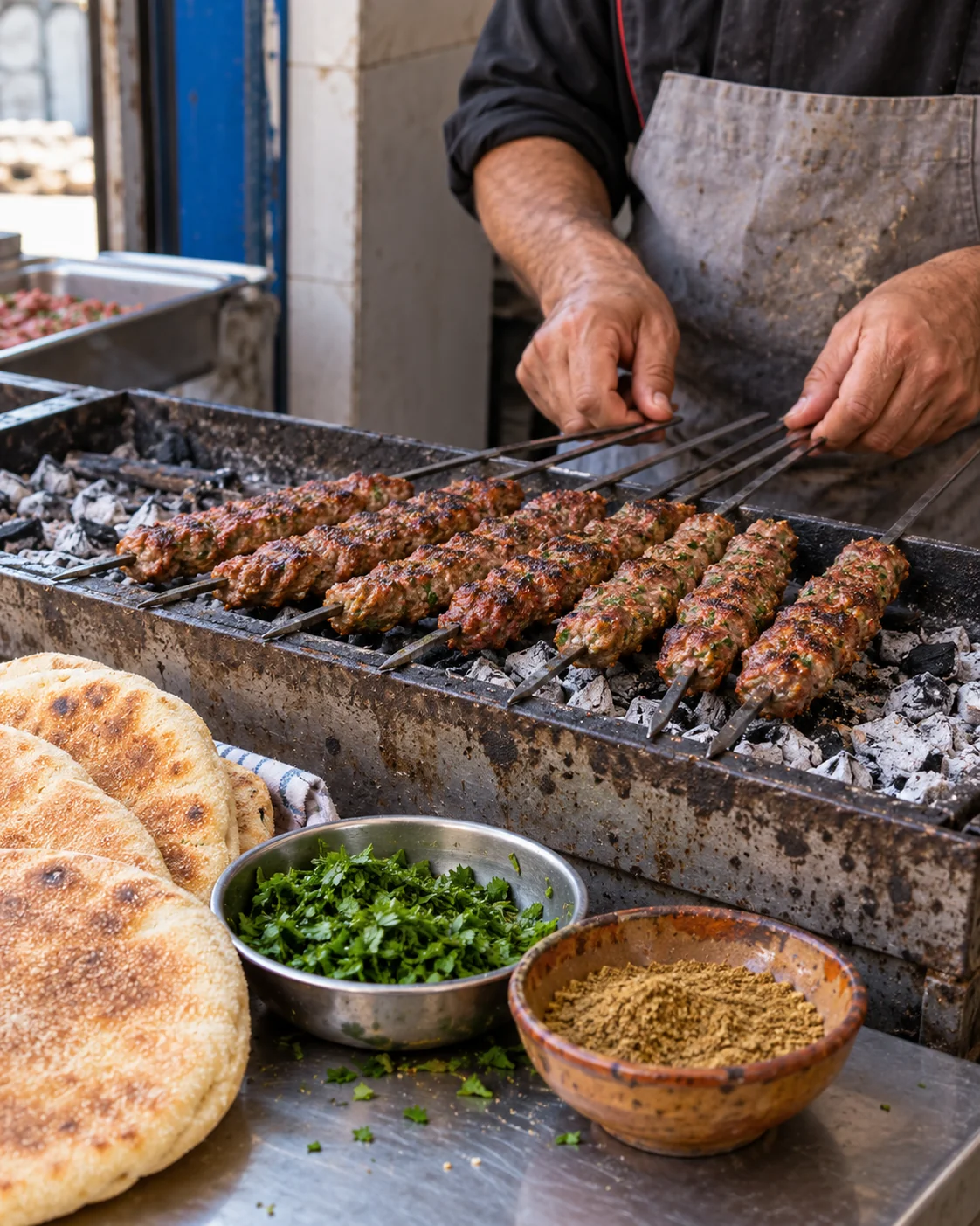 Kefta brochettes over a charcoal grill