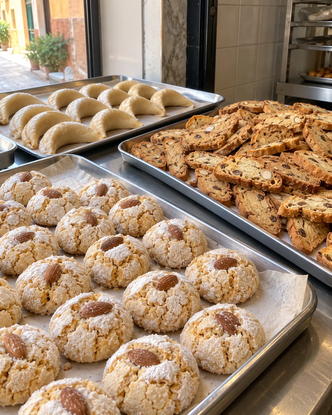 Separate bakery trays of cracked ghriba, sliced fekkas and crescent pastries