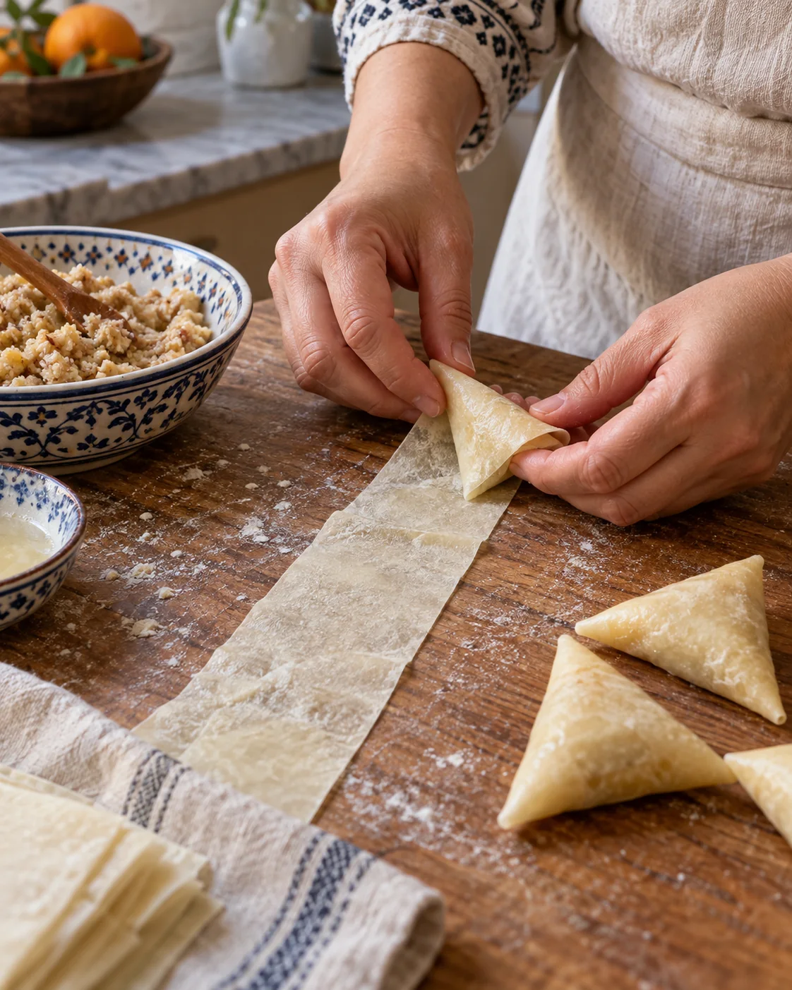 Hands folding a strip of thin pastry around almond filling into a triangle
