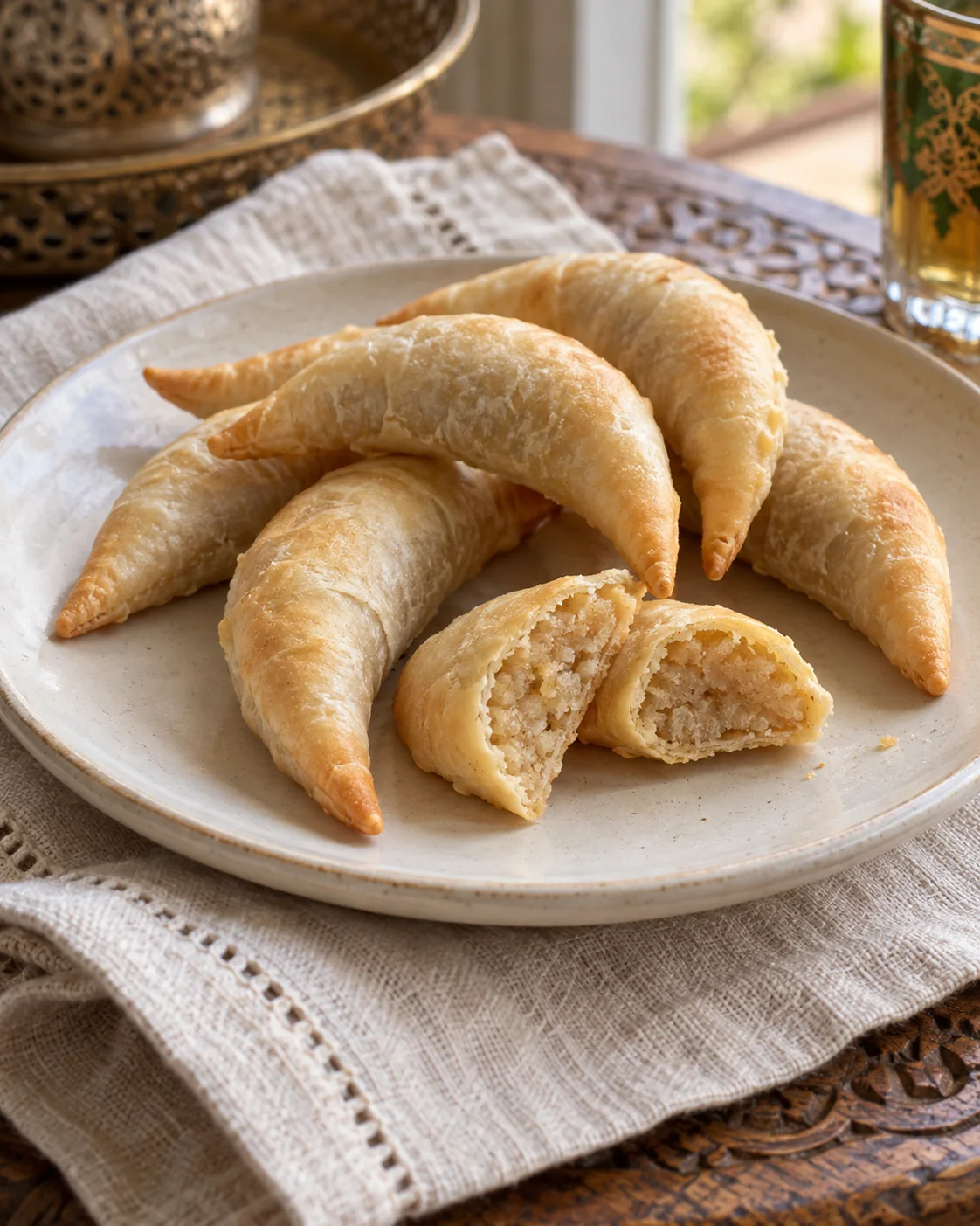 Crescent almond pastries with one cut open to show the filling