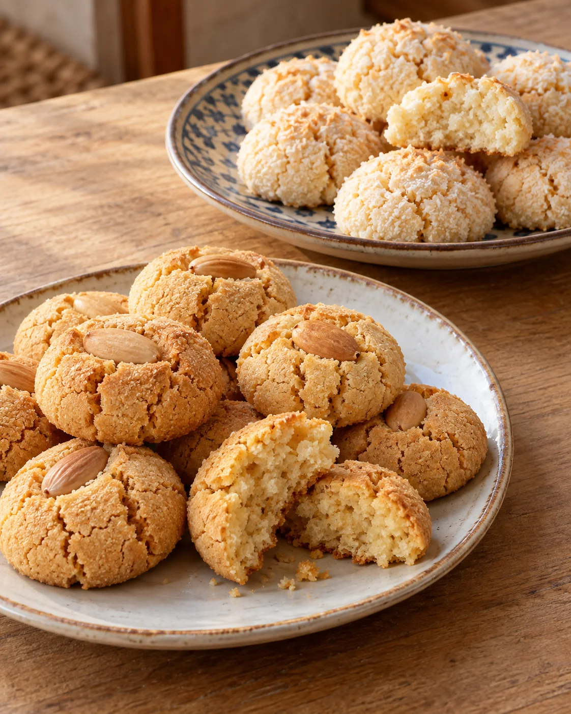 Cracked almond and coconut ghriba cookies, one broken to show the crumb