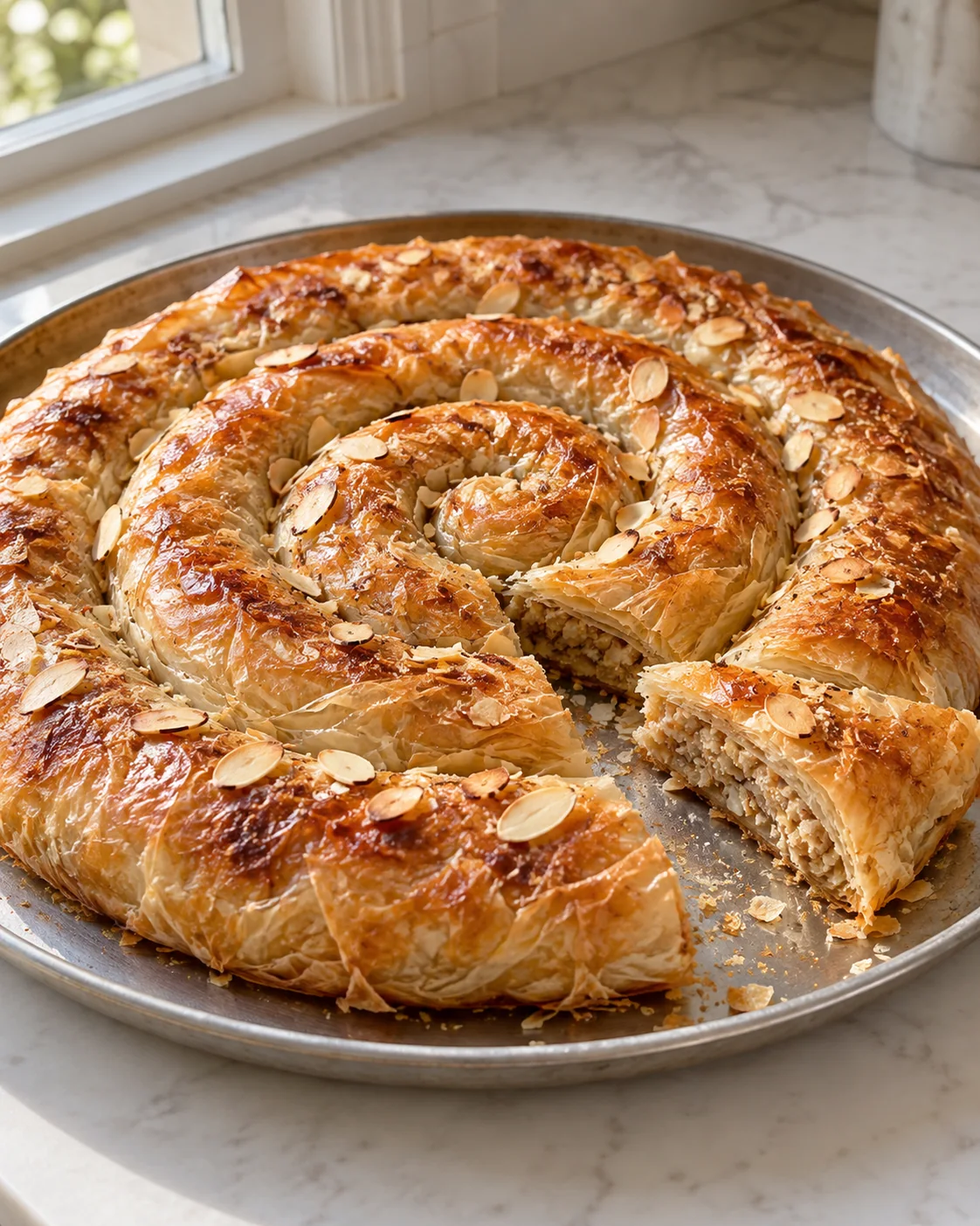 A large golden almond-filled m'hencha pastry shaped into a spiral