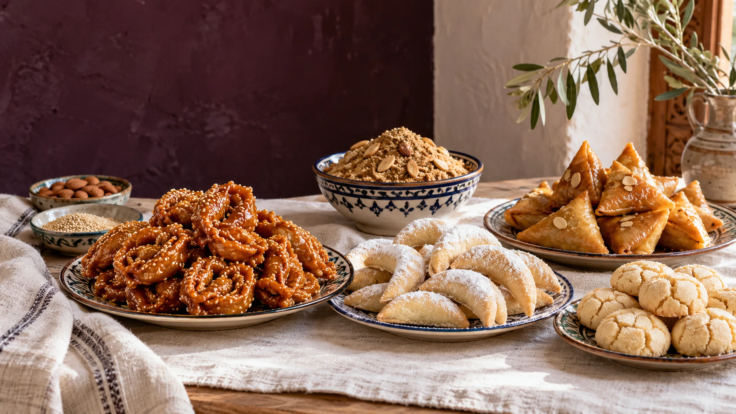 A Moroccan table with chebakia, almond briouats, crescent pastries, ghriba and sellou