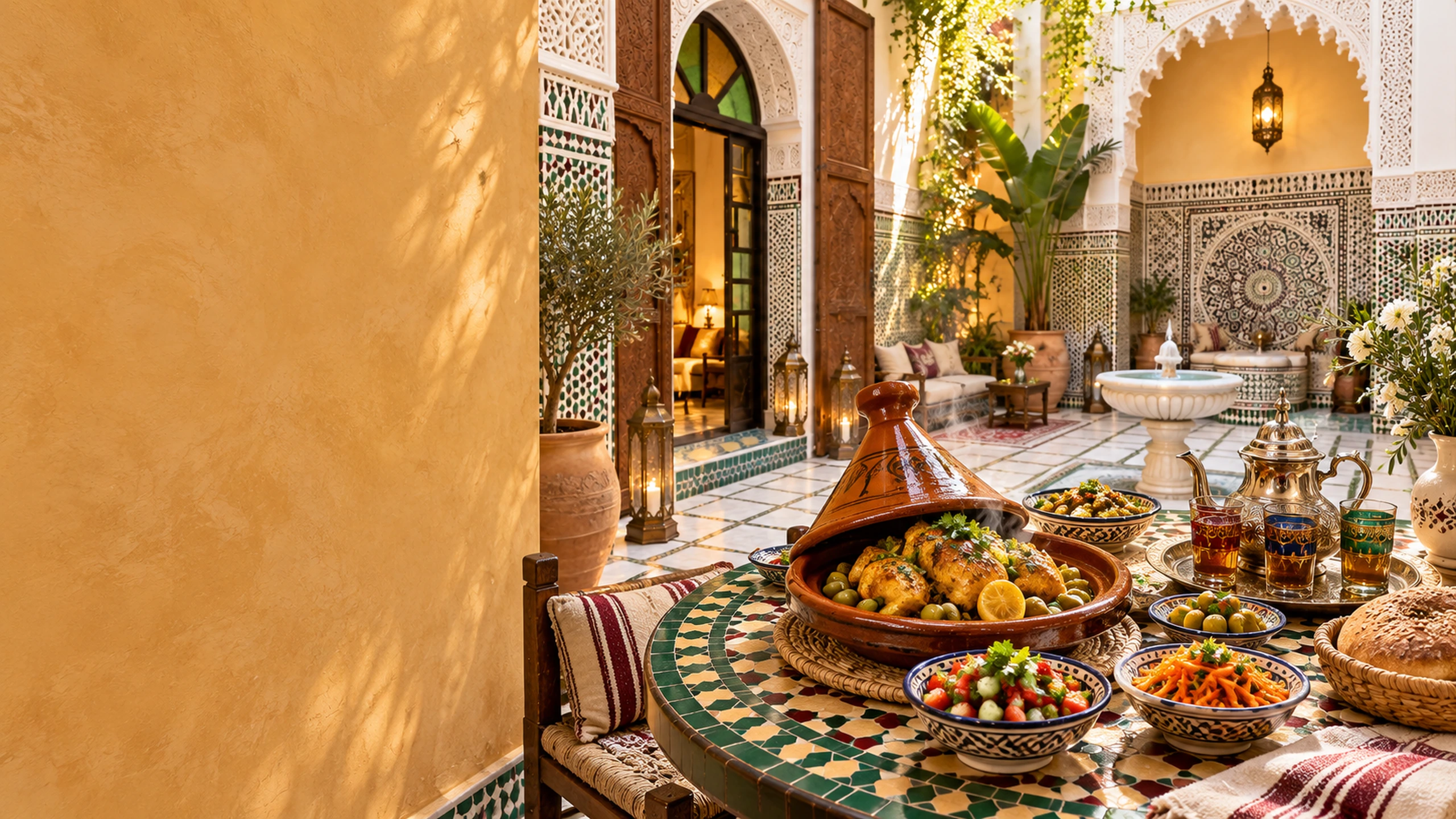 Chicken tagine, bread and mint tea on a zellige table inside a bright Moroccan riad with carved arches and cedar doors