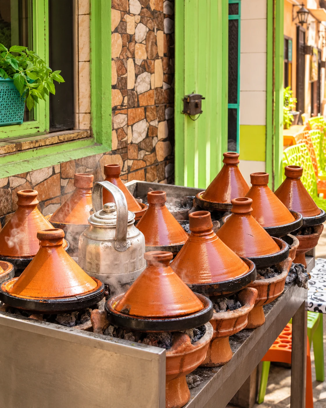 Terracotta tagines arranged over charcoal outside a Moroccan kitchen