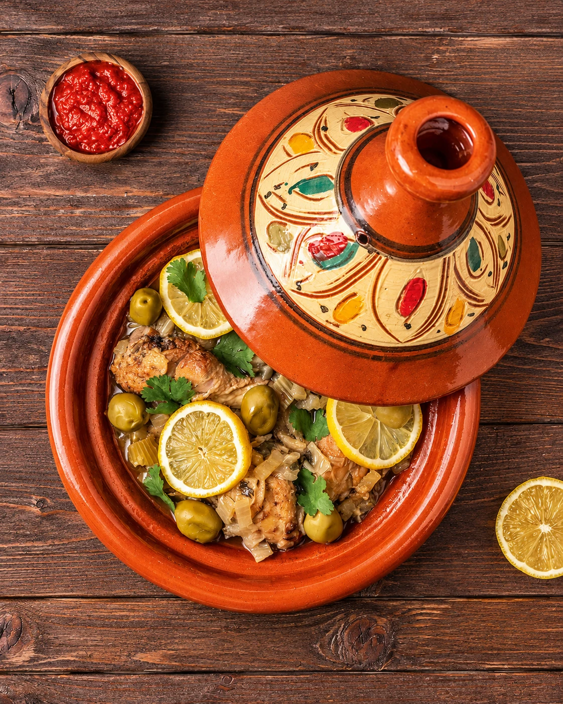 An overhead view of chicken, olives and lemon in an orange tagine