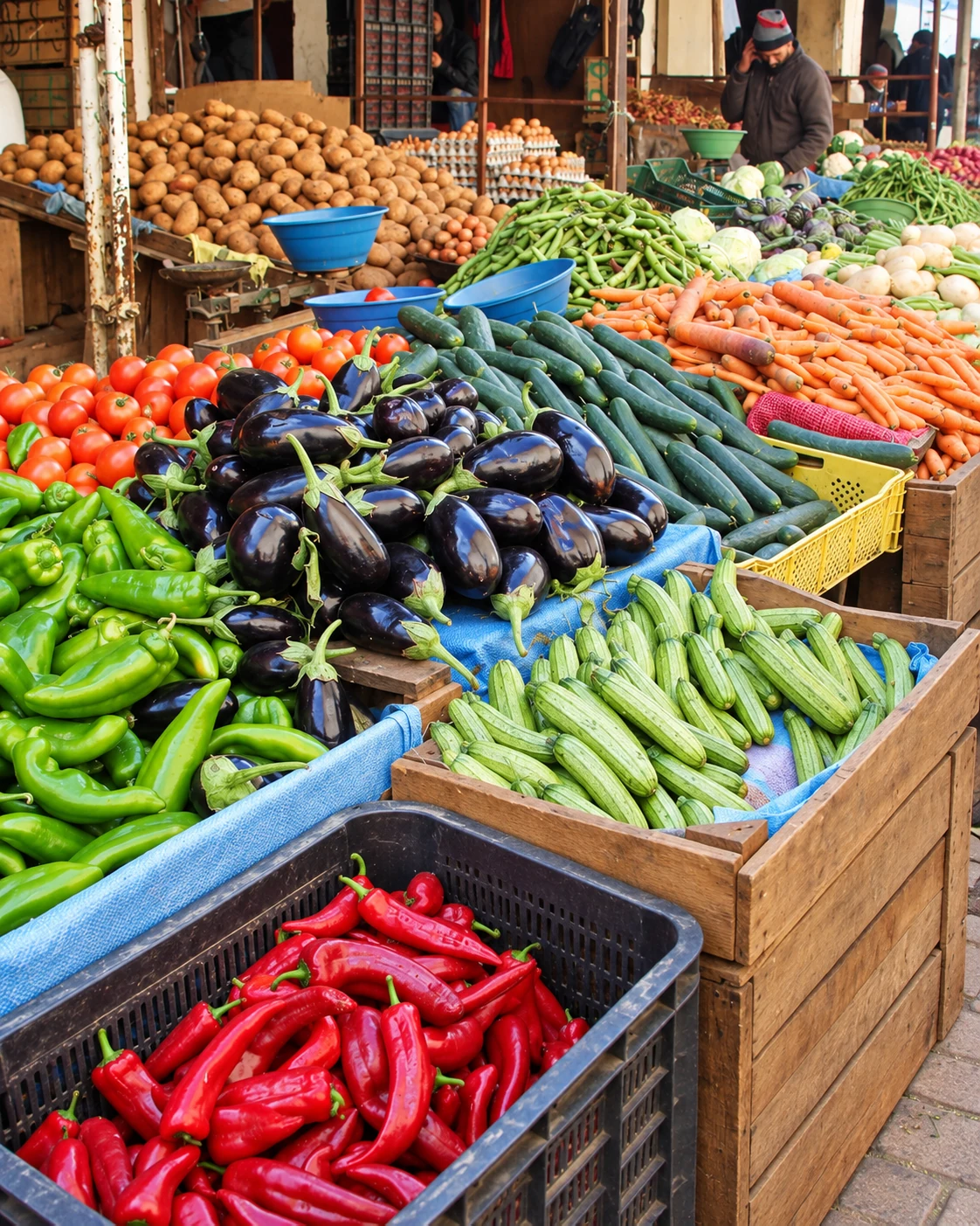 Colourful vegetables displayed at a Moroccan produce market