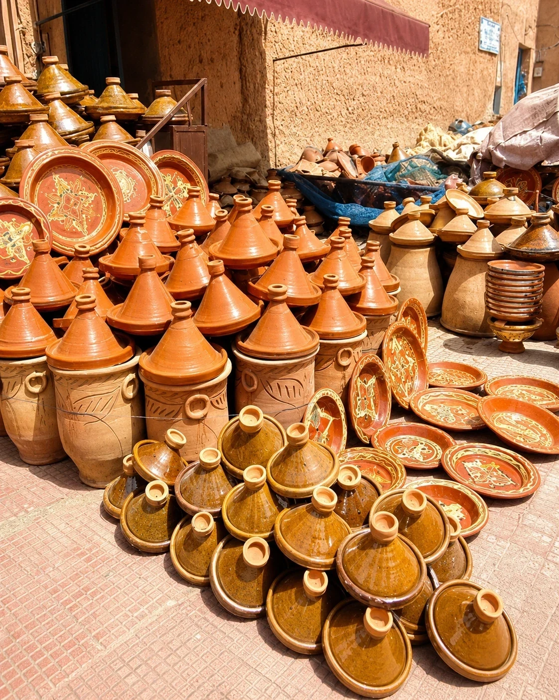 Handmade terracotta tagines and bowls in a Moroccan pottery display