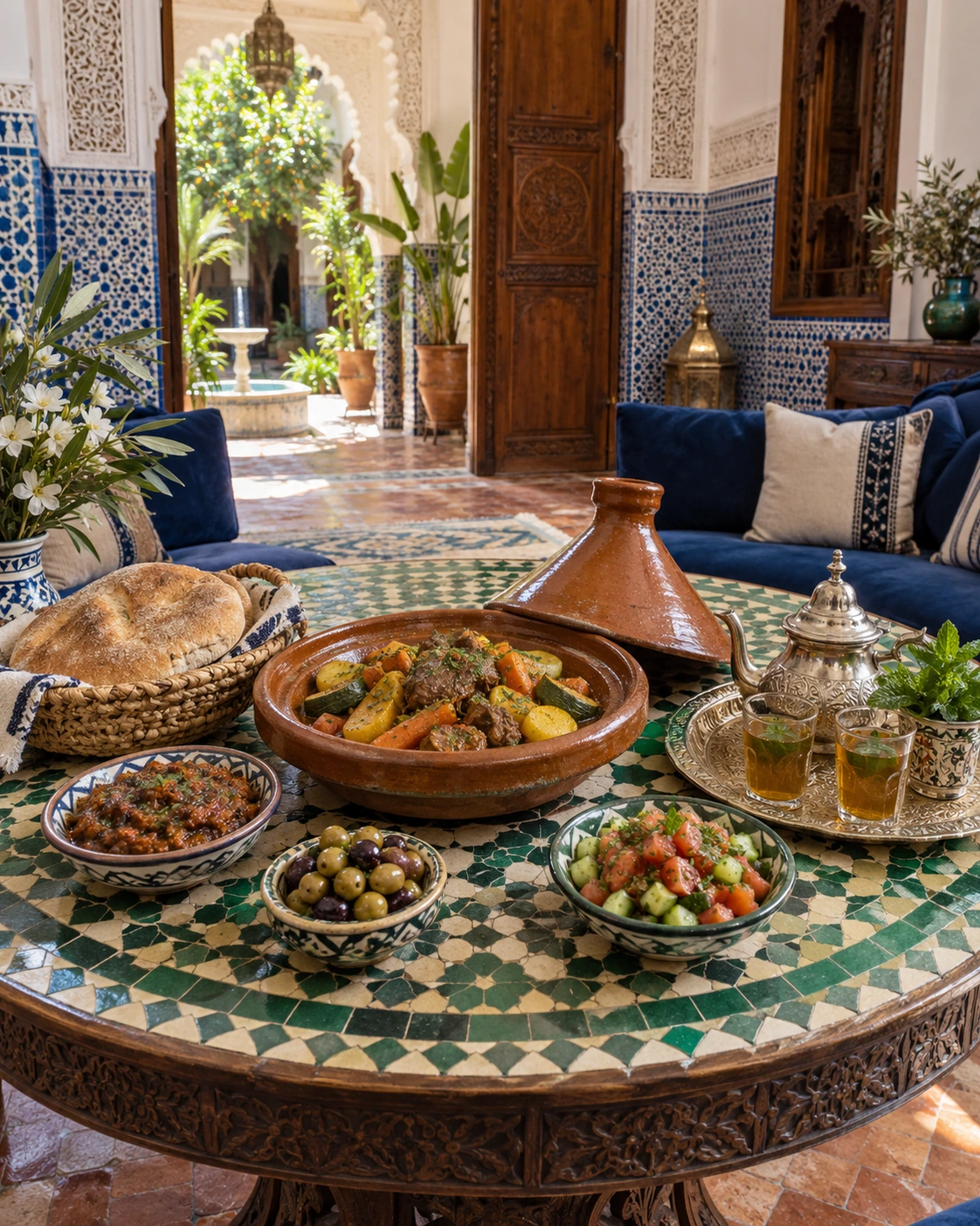 Beef and vegetable tagine, bread, salads and mint tea on a green zellige table in a bright Moroccan salon