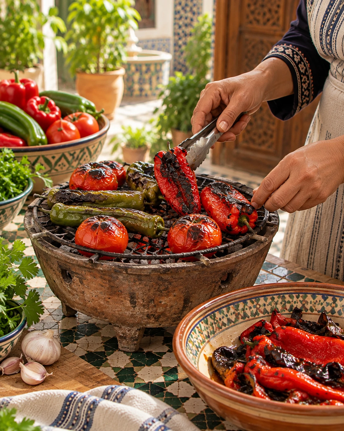 Red and green peppers and tomatoes roasting over charcoal for taktouka