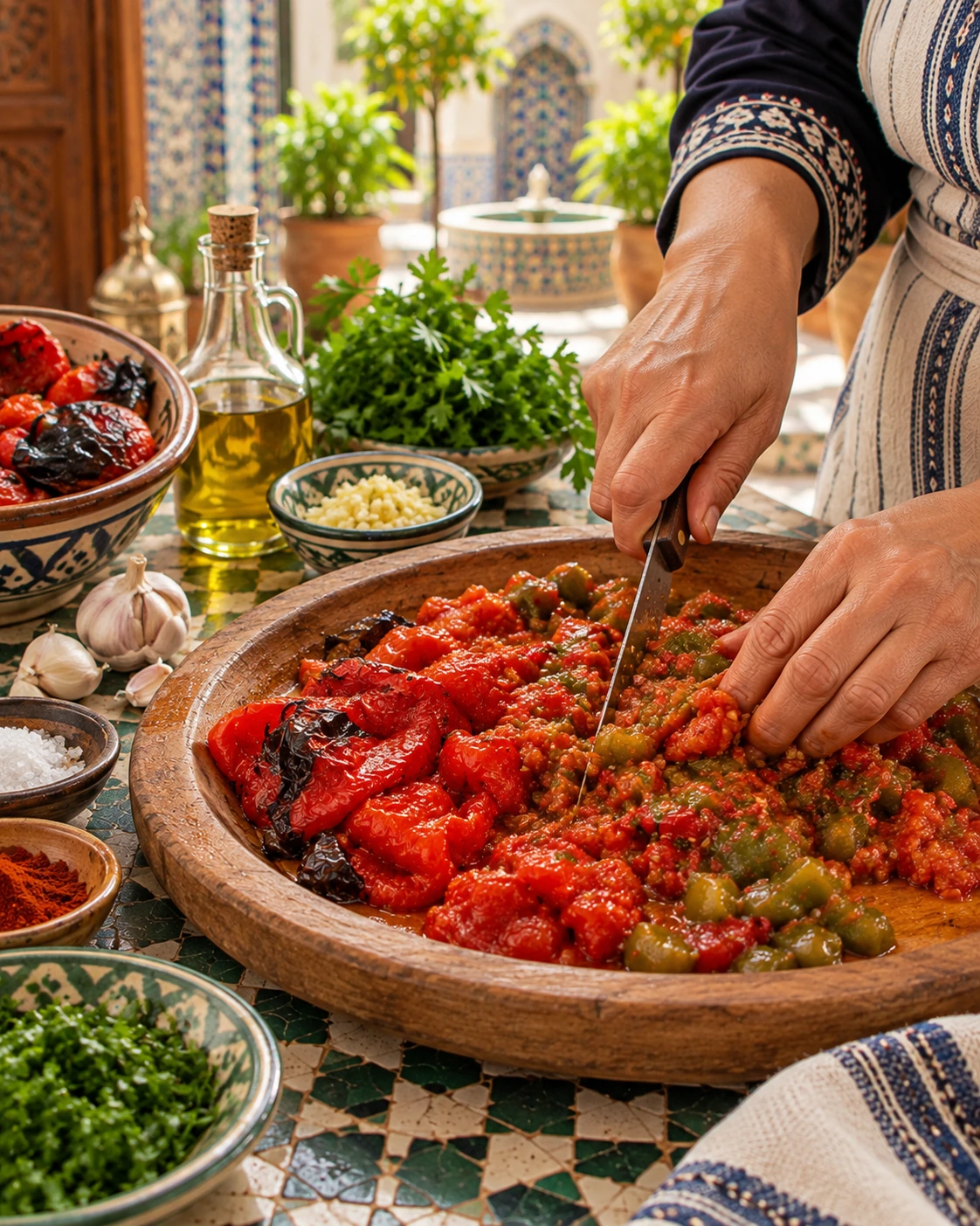 Hands chopping roasted peppers and tomatoes for taktouka on a Moroccan work surface