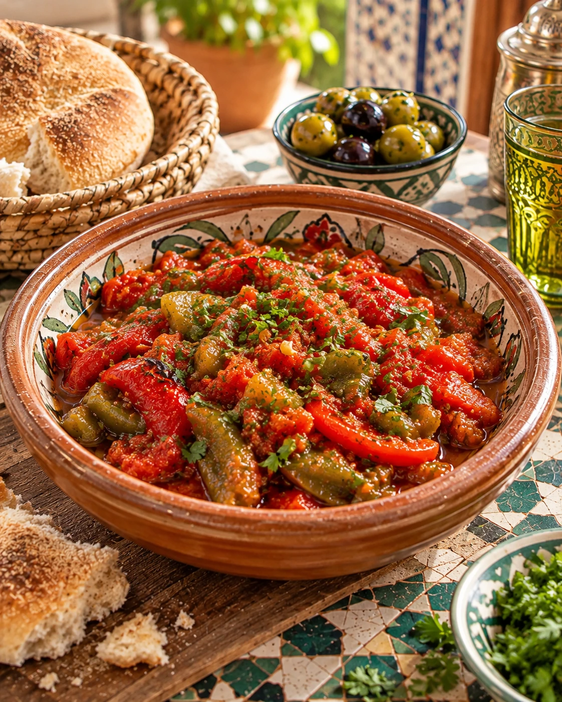 Chunky taktouka served in a hand-painted Moroccan bowl