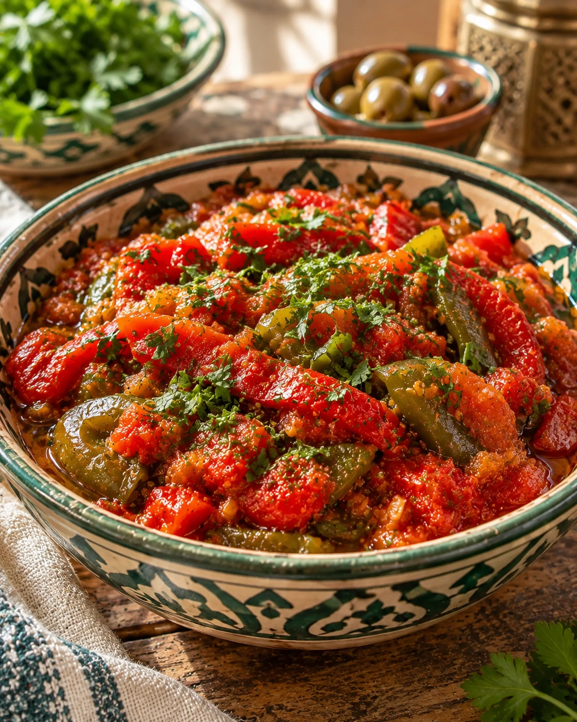 Close view of Moroccan taktouka with roasted red and green peppers, tomato and fresh herbs