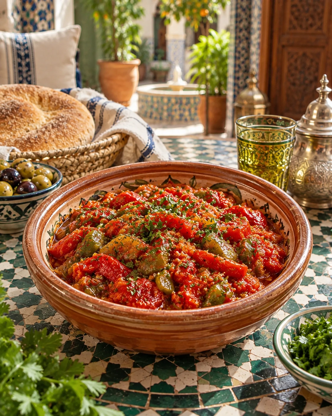Taktouka served with bread and olives on a bright Moroccan table