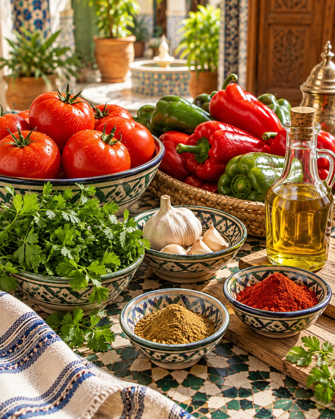 Fresh tomatoes, red and green peppers, herbs, garlic, spices and olive oil for taktouka