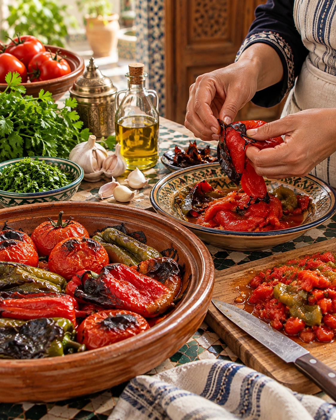 Hands peeling charred roasted peppers for Moroccan taktouka beside tomatoes, garlic, herbs and olive oil