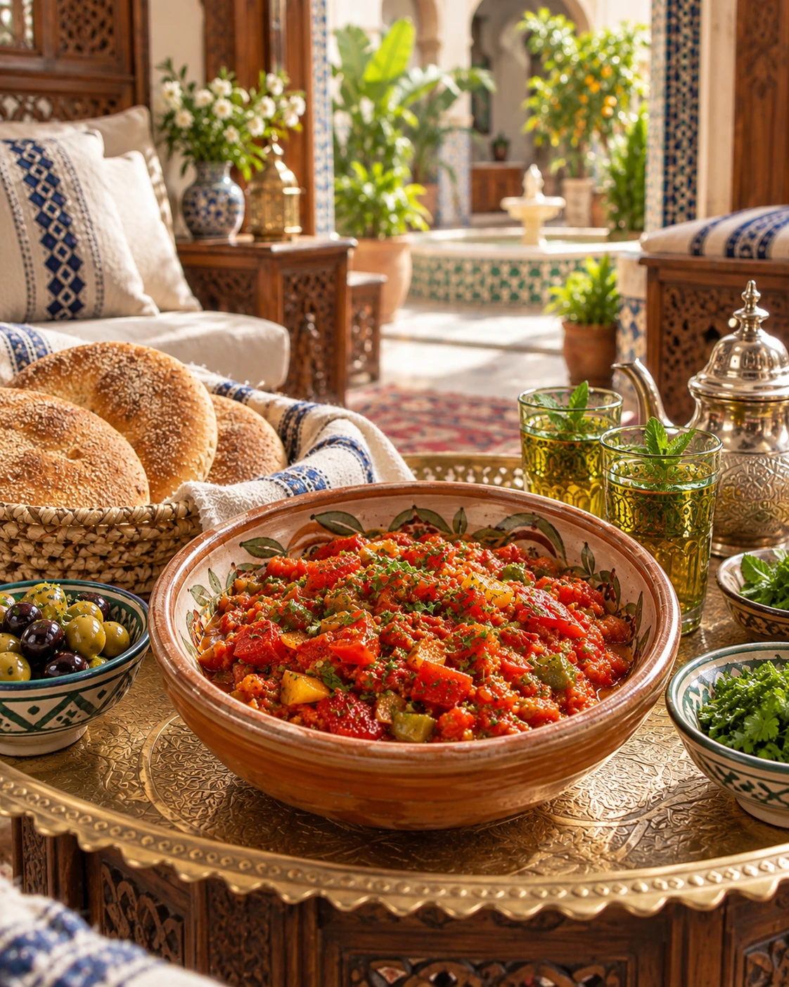 Taktouka served with Moroccan bread, olives and mint tea in a bright riad salon
