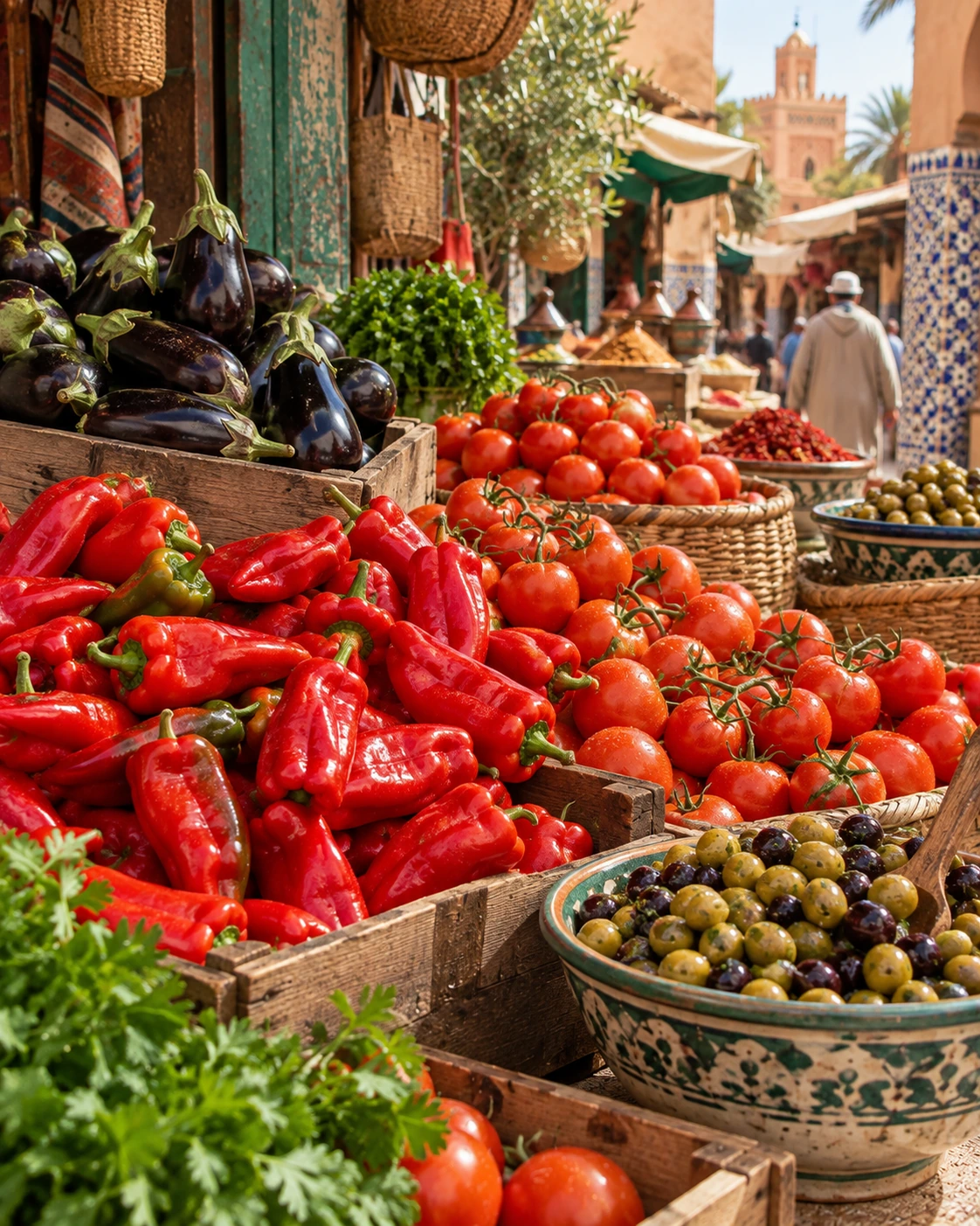Fresh peppers, tomatoes, olives and herbs at a Moroccan market, showing the produce behind taktouka