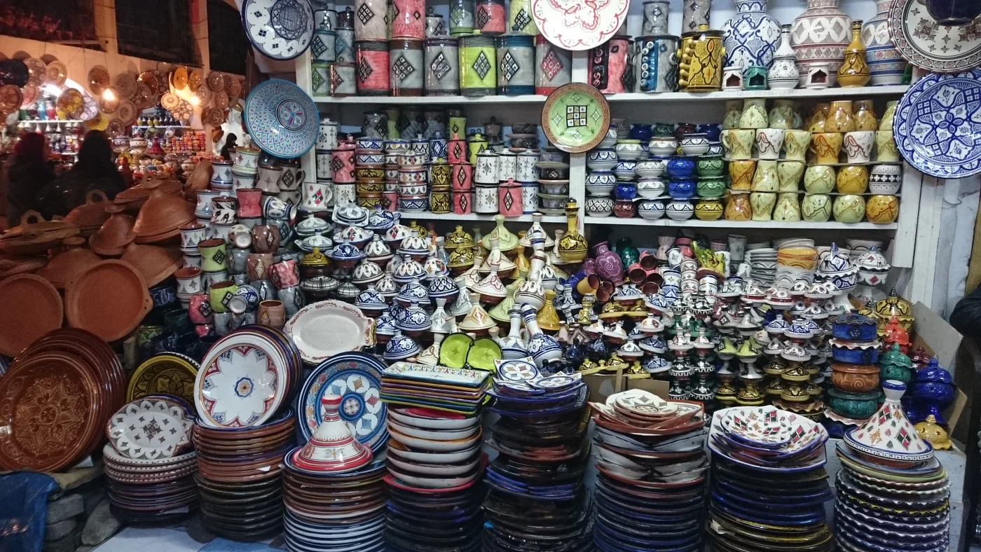 Ceramic vessels and plates displayed in a Safi pottery shop