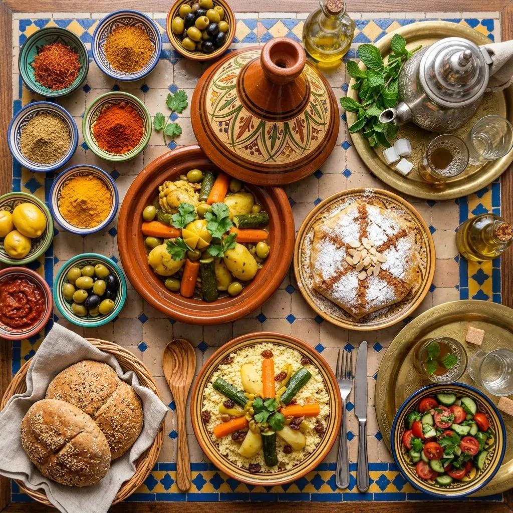 A Moroccan food arrangement with bread, shared dishes, tea and ceramic serving pieces