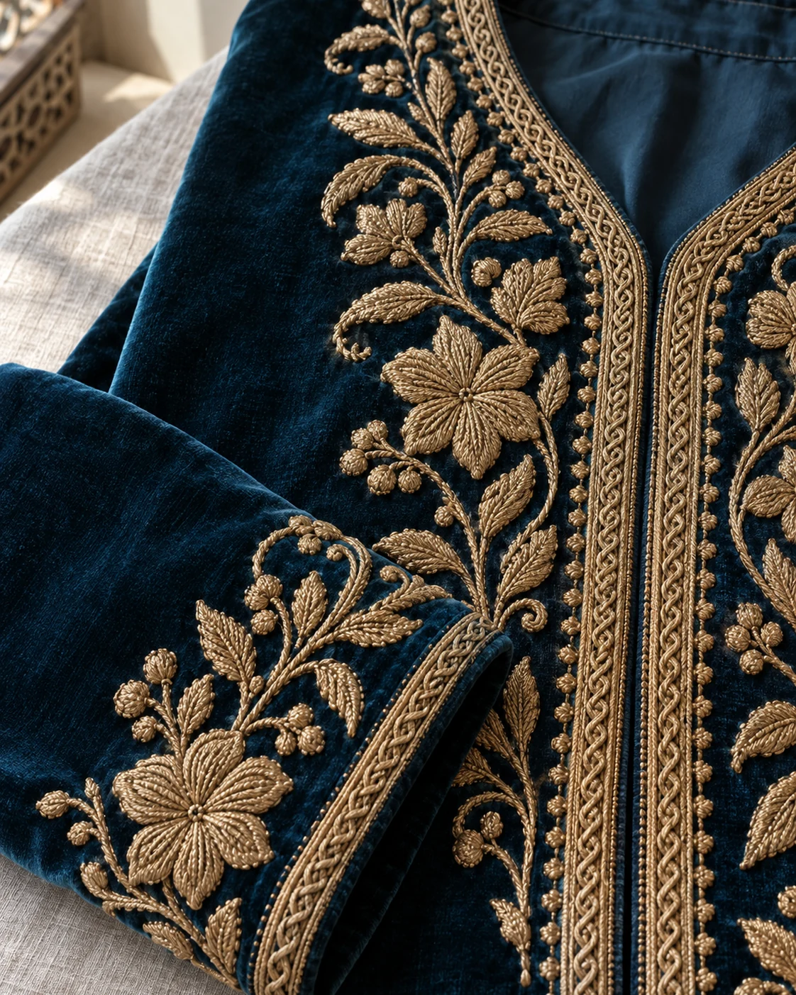 An illustrative close study of metal-thread ornament, braid and cloth. AI-generated editorial illustration.
