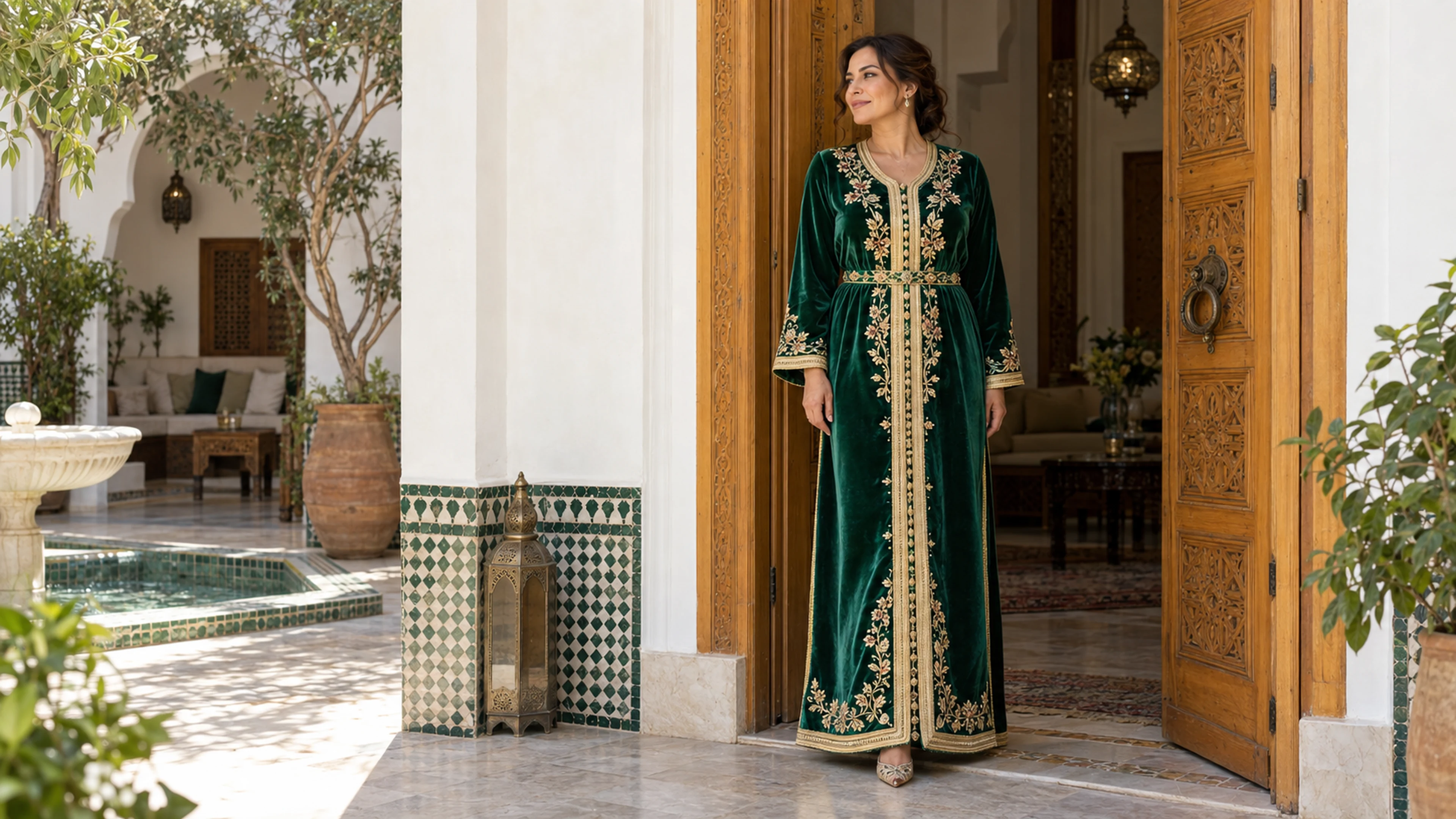 An emerald caftan with gold edging, shown full length in a Moroccan doorway