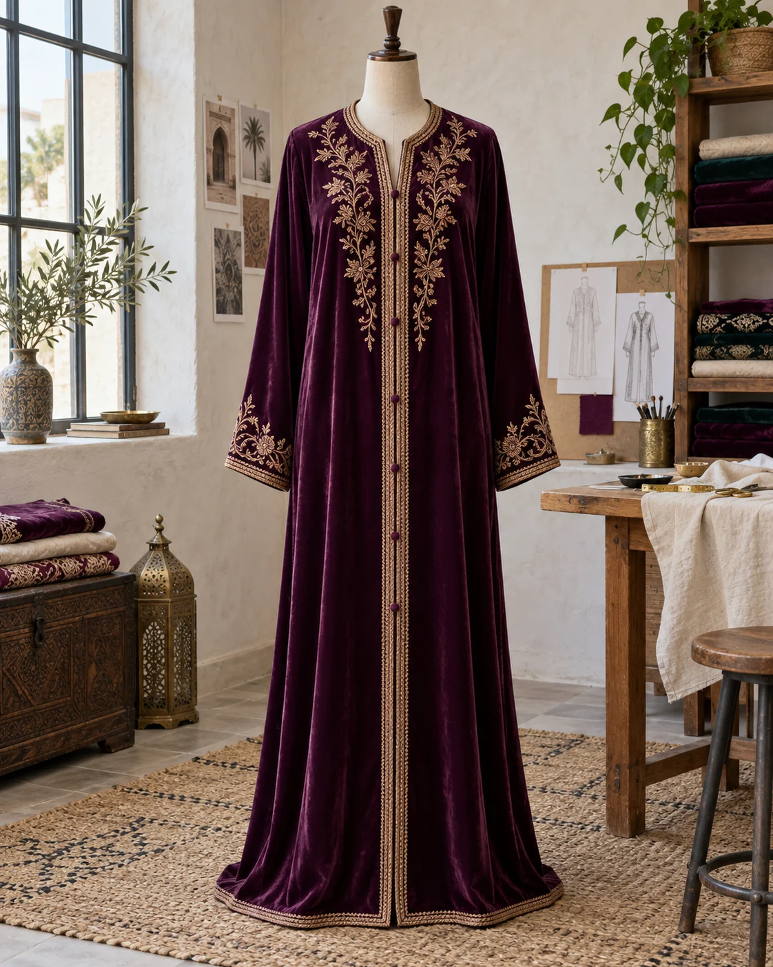 A mulberry caftan on a dress form: the single garment, sleeves and front edging remain visible. AI-generated editorial illustration.
