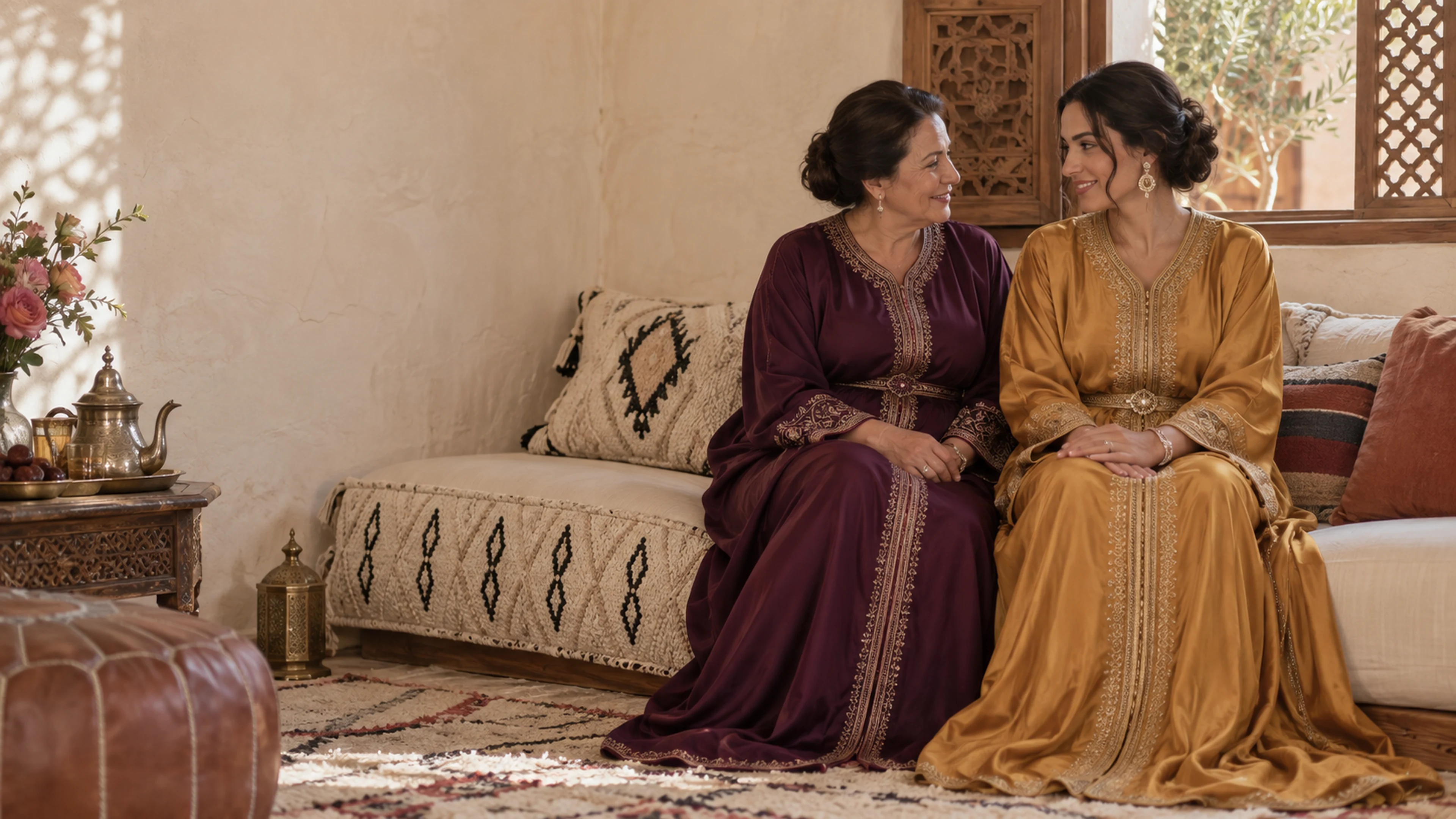 Two women sharing a quiet moment in ochre and aubergine caftans