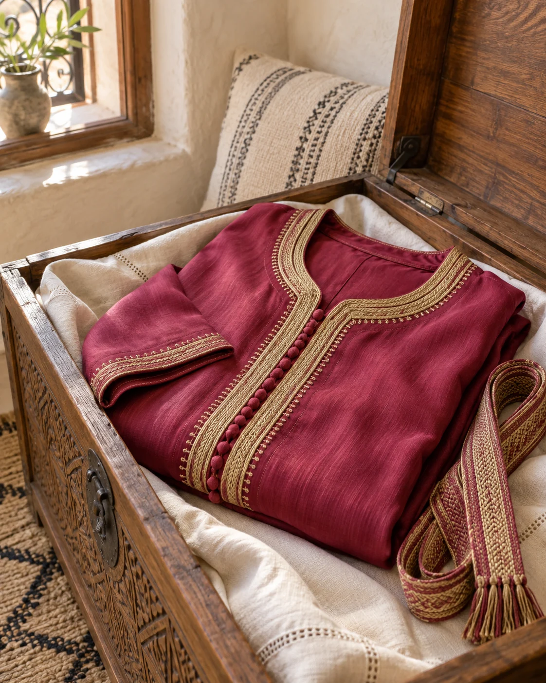An illustrative study of a folded caftan and belt at home. This is not the museum garment described below. AI-generated editorial illustration.