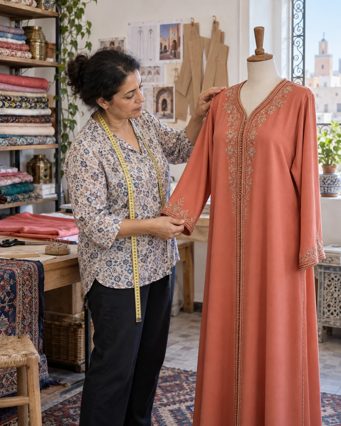 A dressmaker checks a sleeve and shoulder on a dress form. AI-generated editorial illustration.