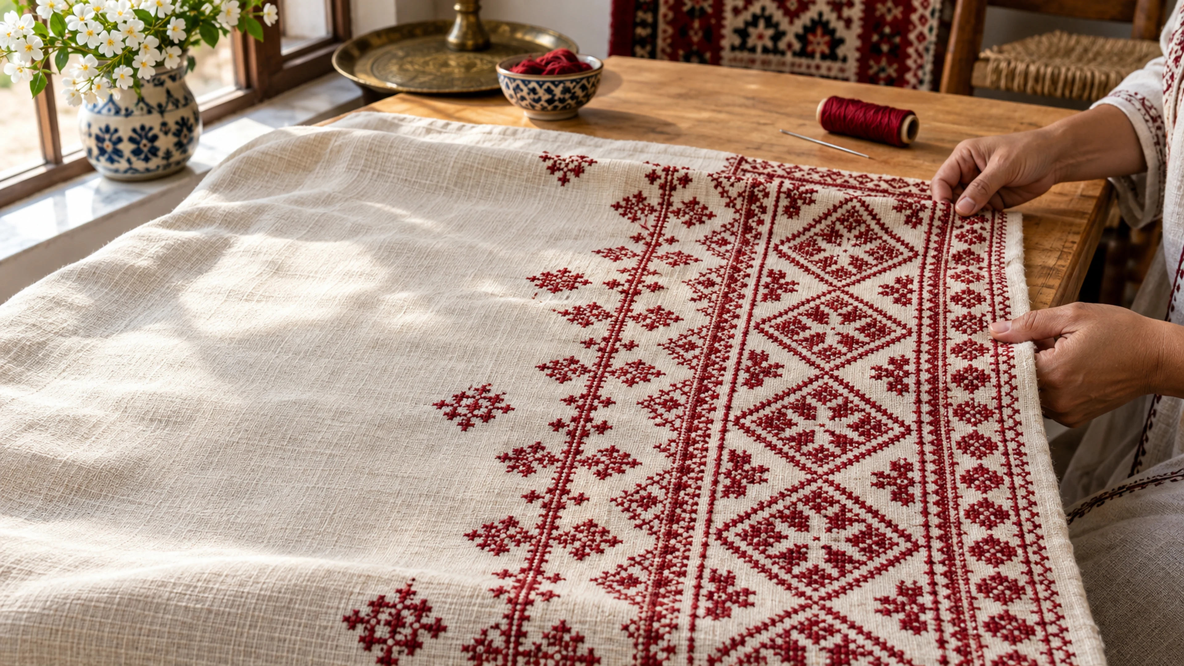 Deep red geometric embroidery on ivory linen, with hands holding its finished border
