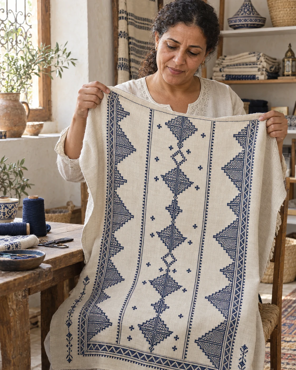 A maker holding an indigo embroidered panel. AI-generated editorial illustration; not a reproduction of a historical object.