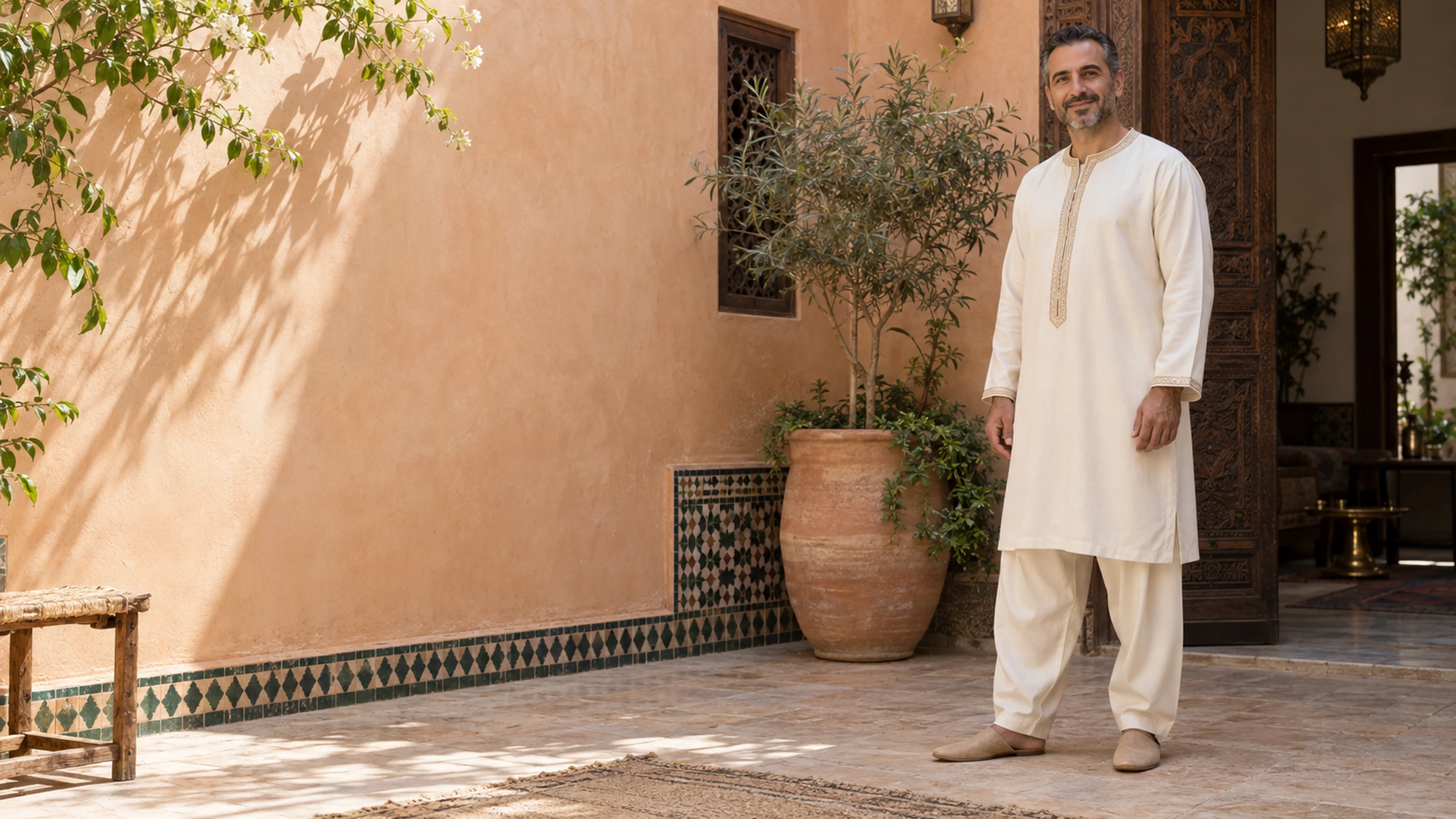 An ivory jabador, with a knee-length tunic and separate matching trousers