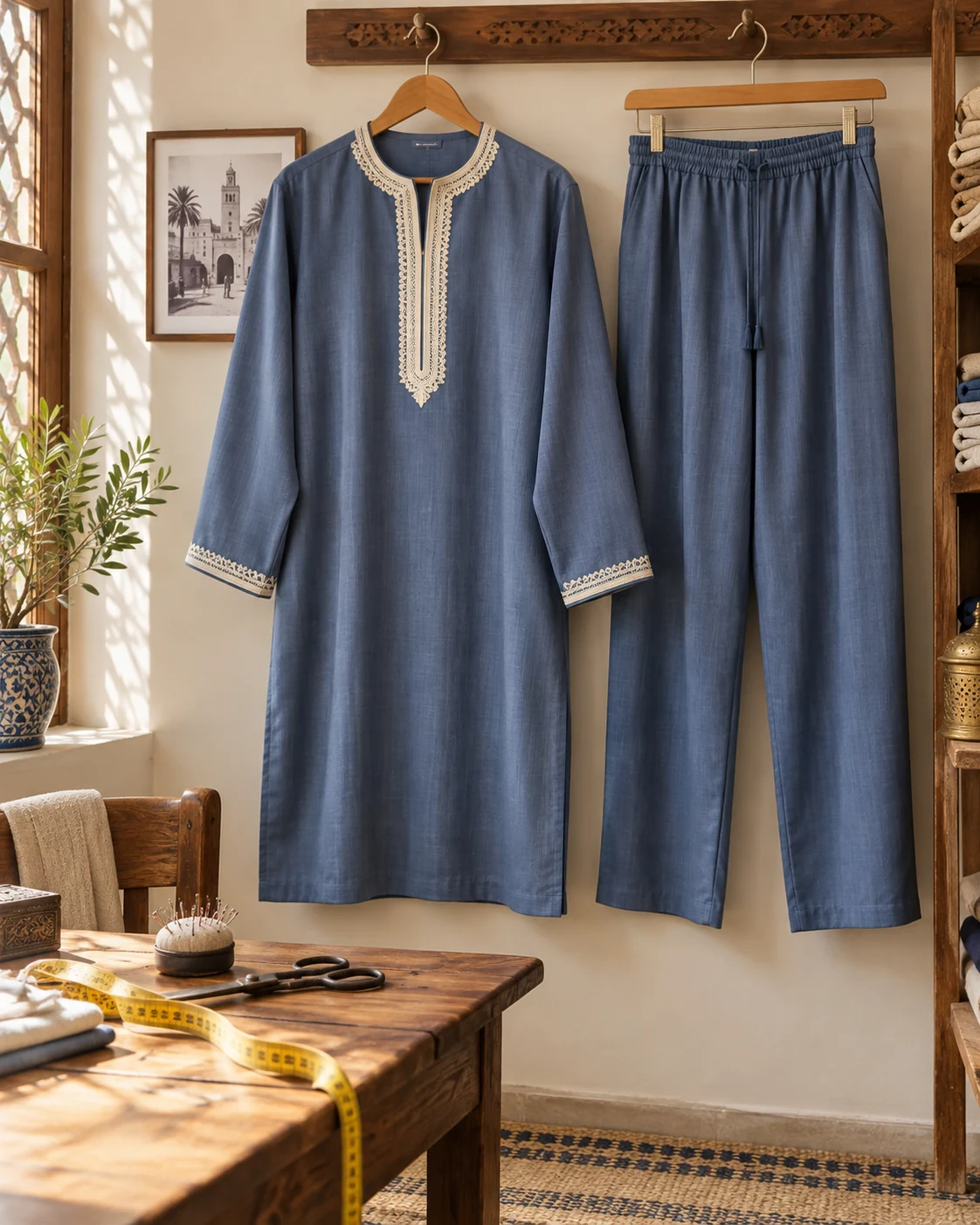A blue tunic and its separate trousers: both pieces can be read clearly. AI-generated editorial illustration.