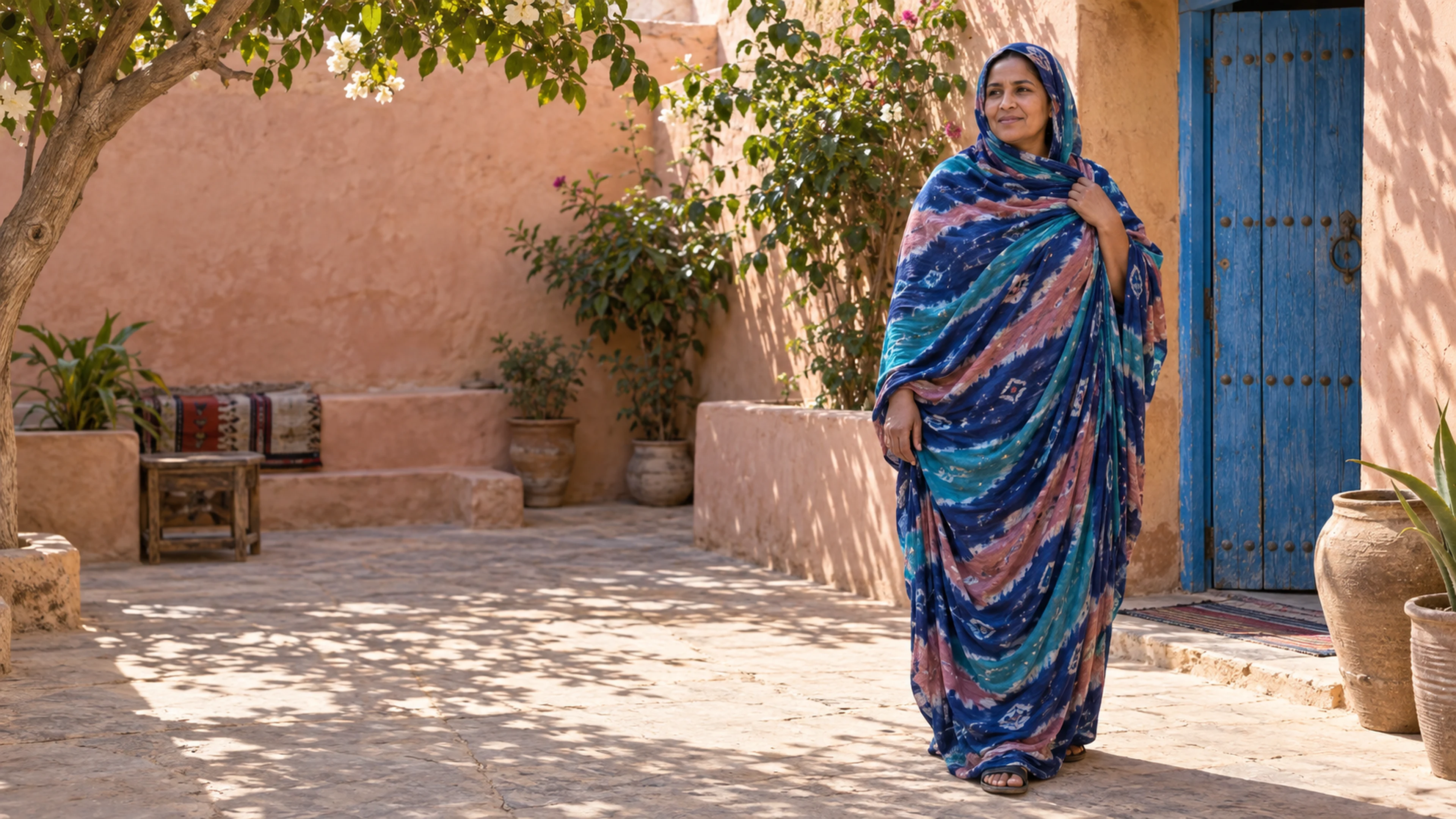 A woman wearing a continuous blue and rose melhfa wrap in a town courtyard