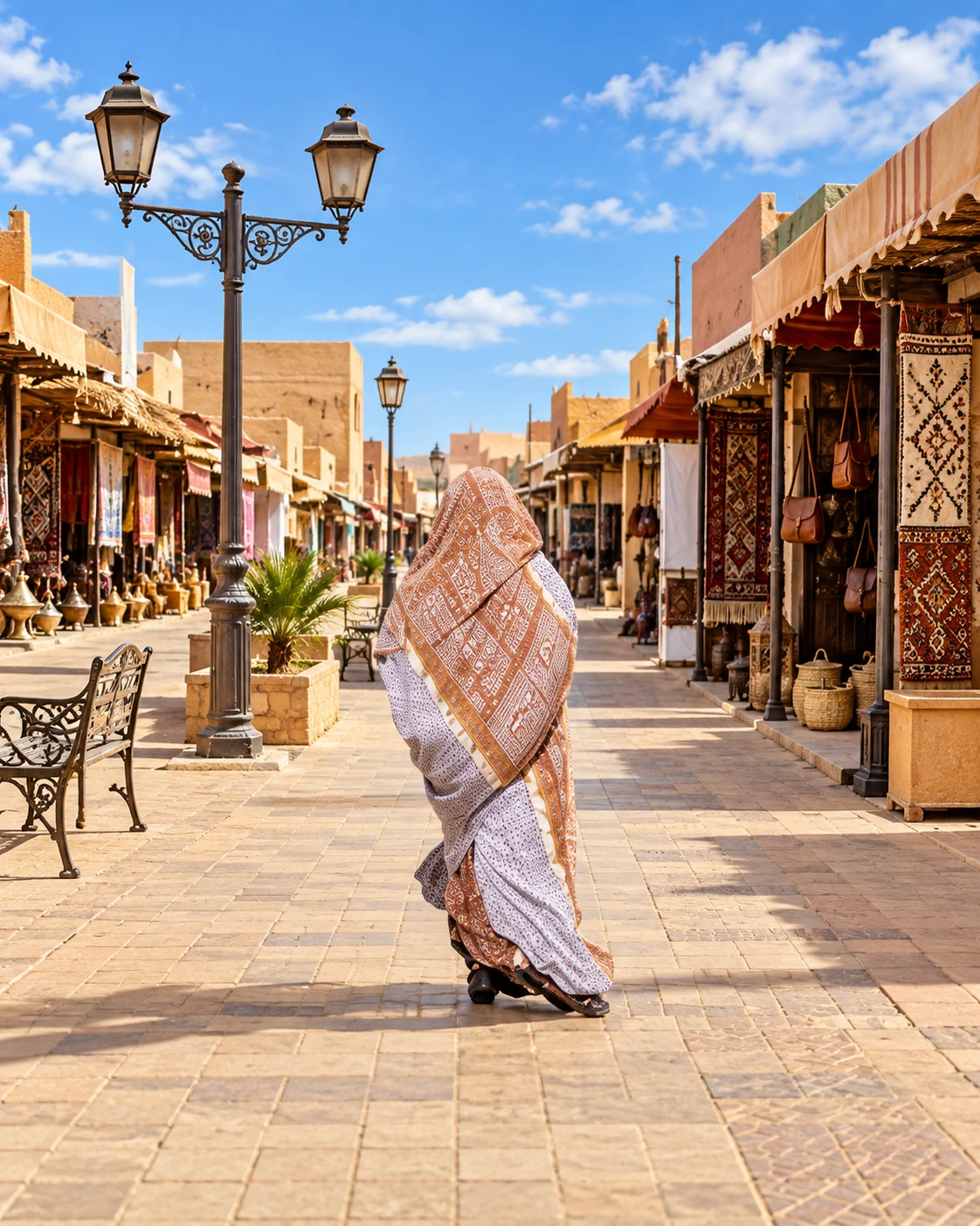 A melhfa in an urban street scene, from the Exotic Morocco image library. The wrap belongs to everyday environments as well as wider Saharan associations.