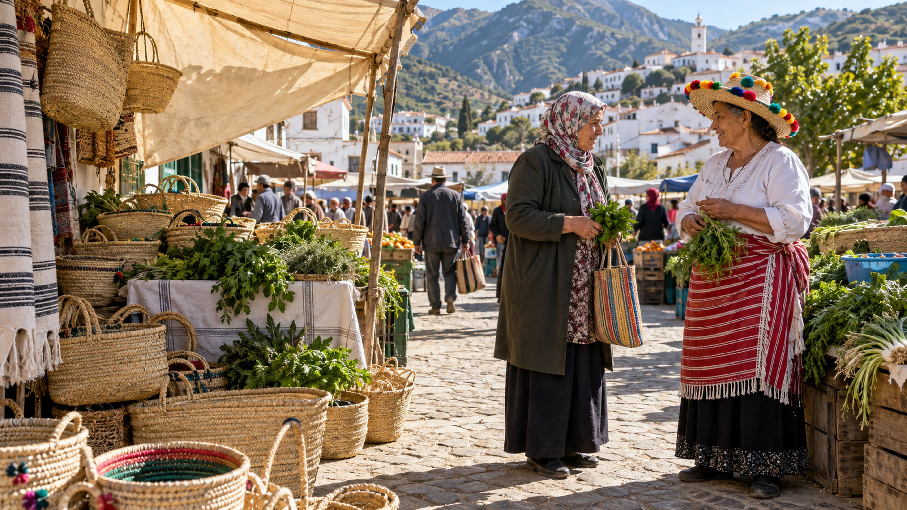Women in contrasting everyday clothes at an illustrative northern Moroccan market