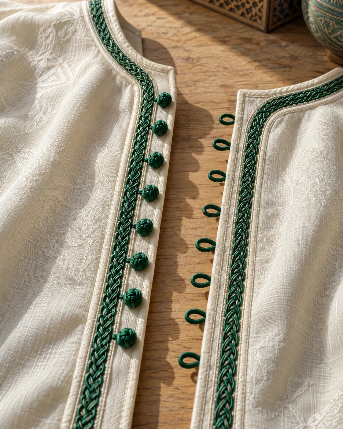 Knotted buttons and matching loops shown at close range. AI-generated editorial illustration.