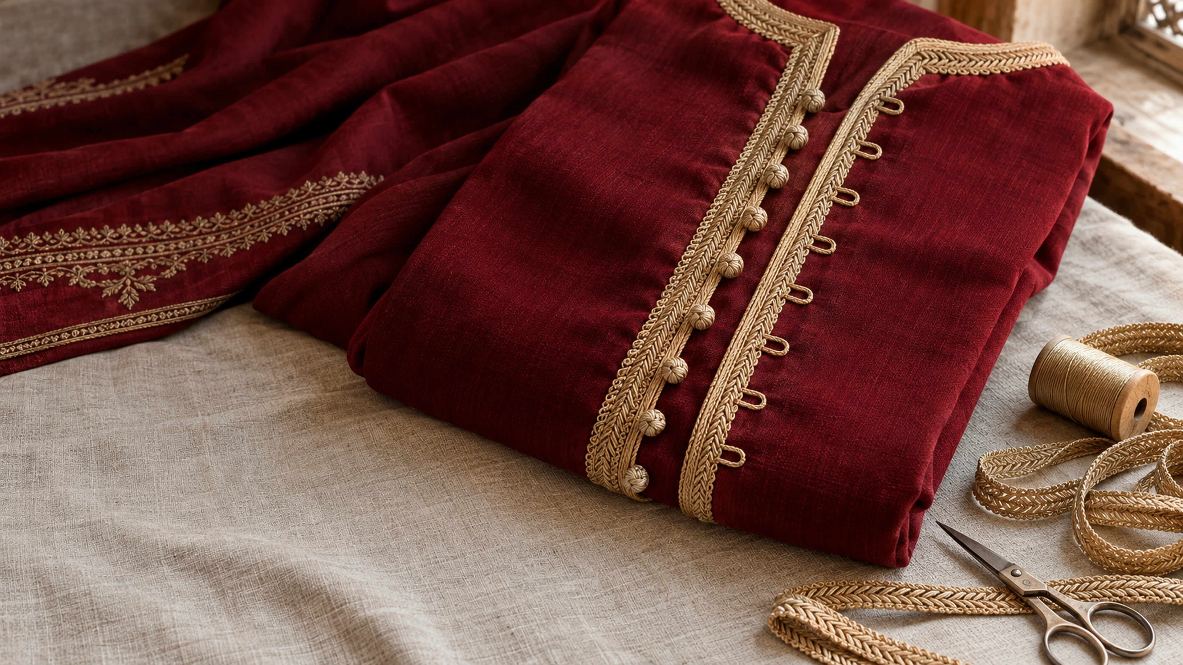 Gold sfifa and knotted buttons edging a garnet caftan on a worktable