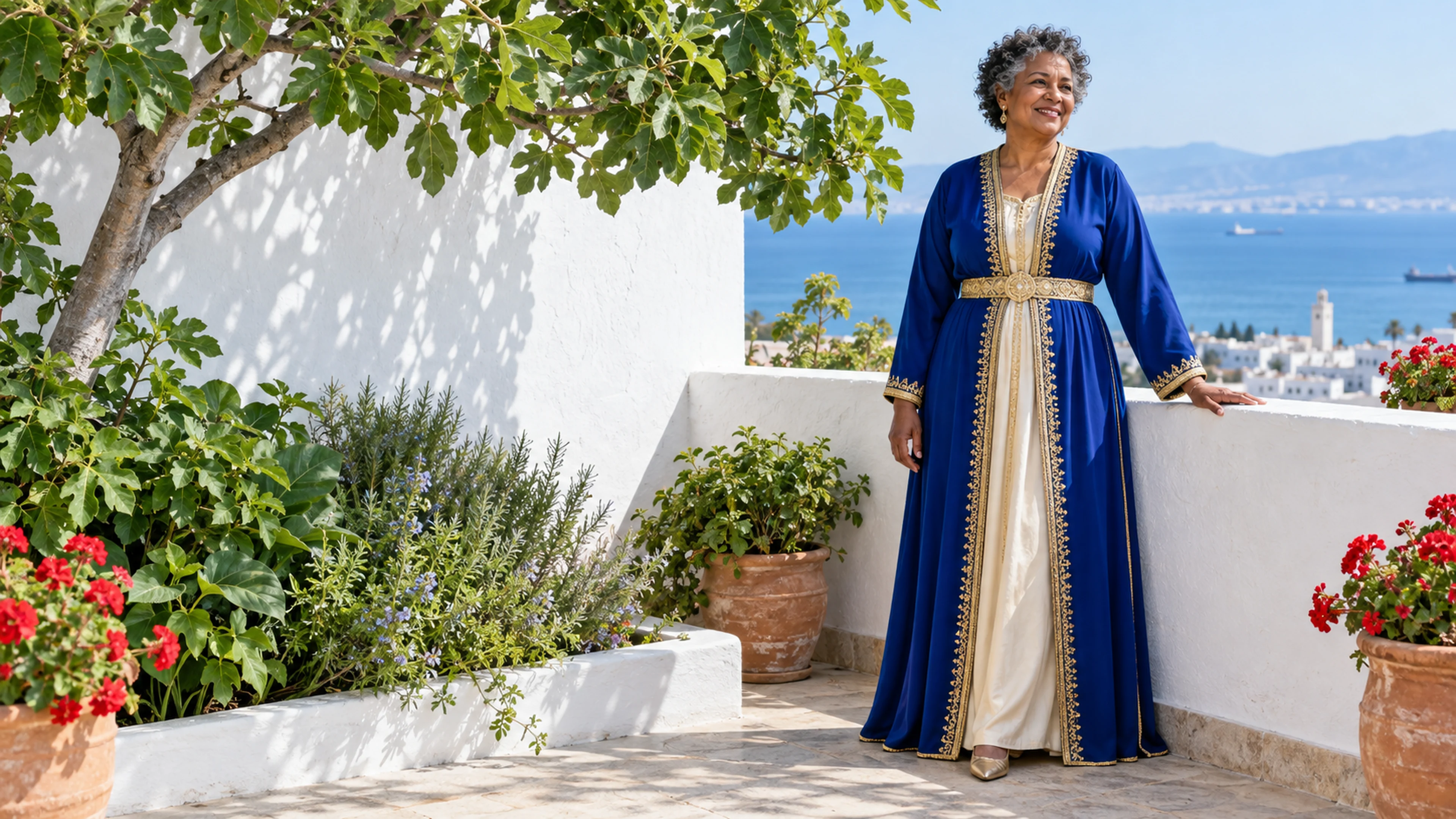 A cobalt takchita with its pale inner dress and waist belt visible on a terrace
